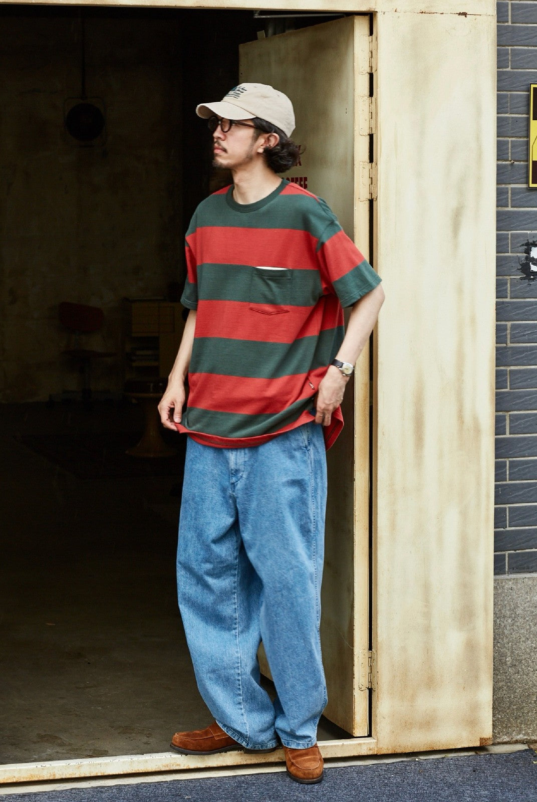 USAGE Wide Striped Cotton Pocket T Shirt in Green - On Male Model