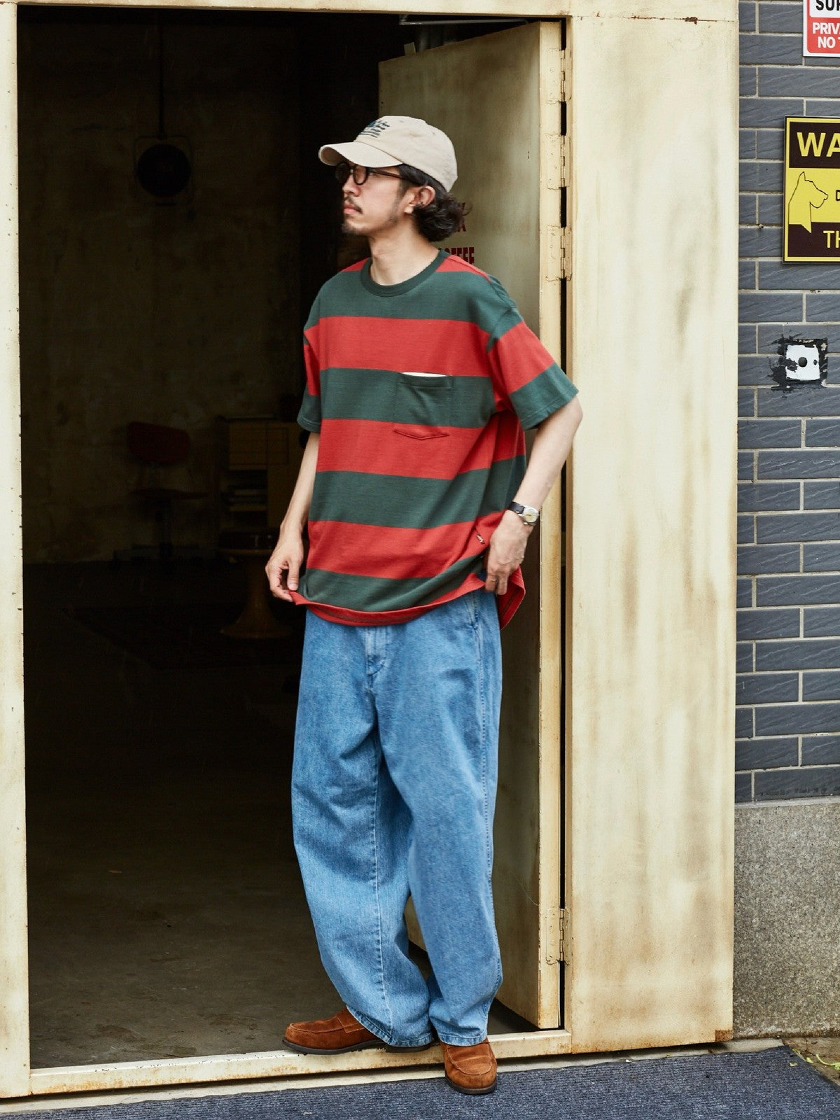 USAGE Wide Striped Cotton Pocket T Shirt in Green - On Male Model