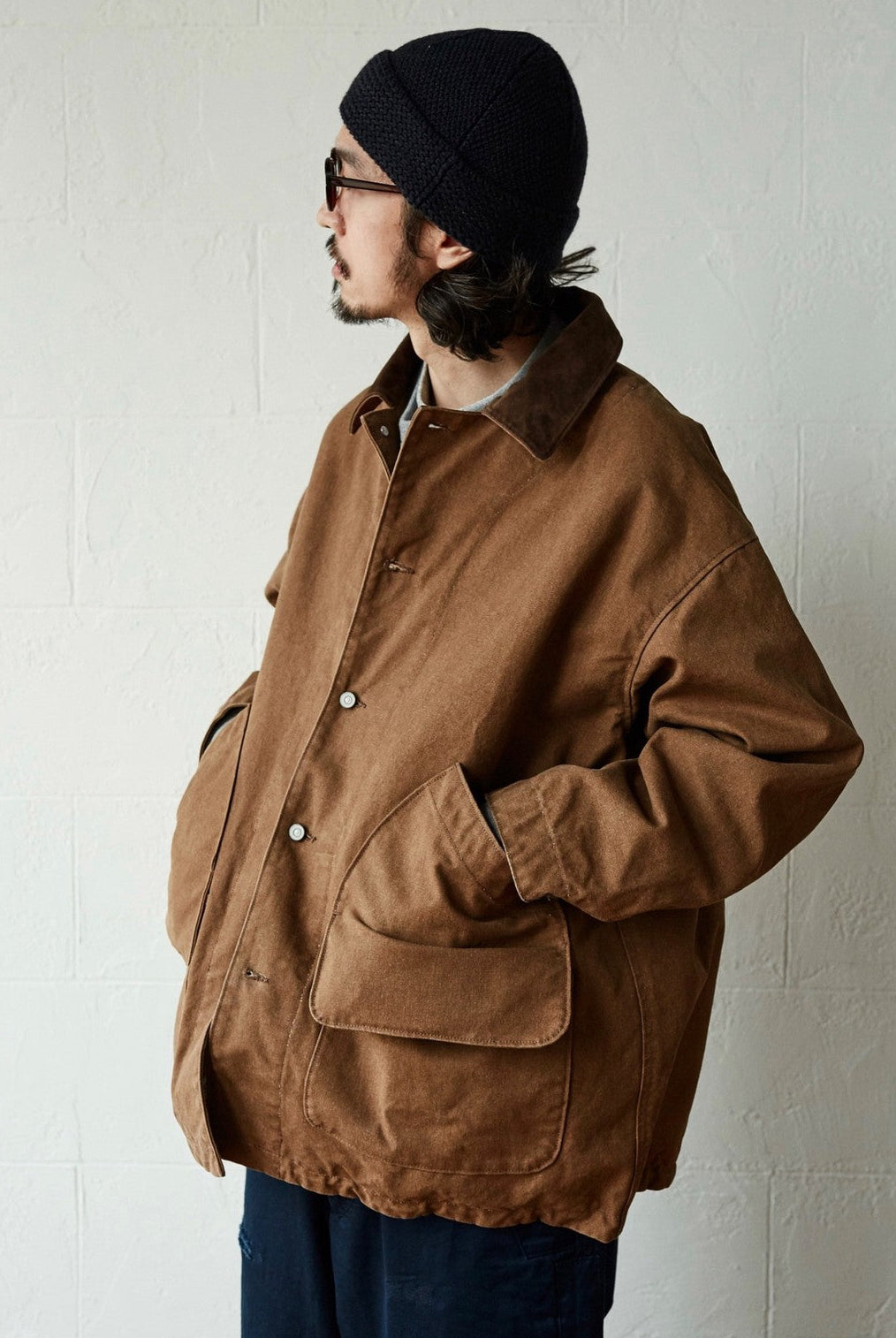 USAGE Heavyweight Canvas Hunting Jacket in Beige - On Male Model