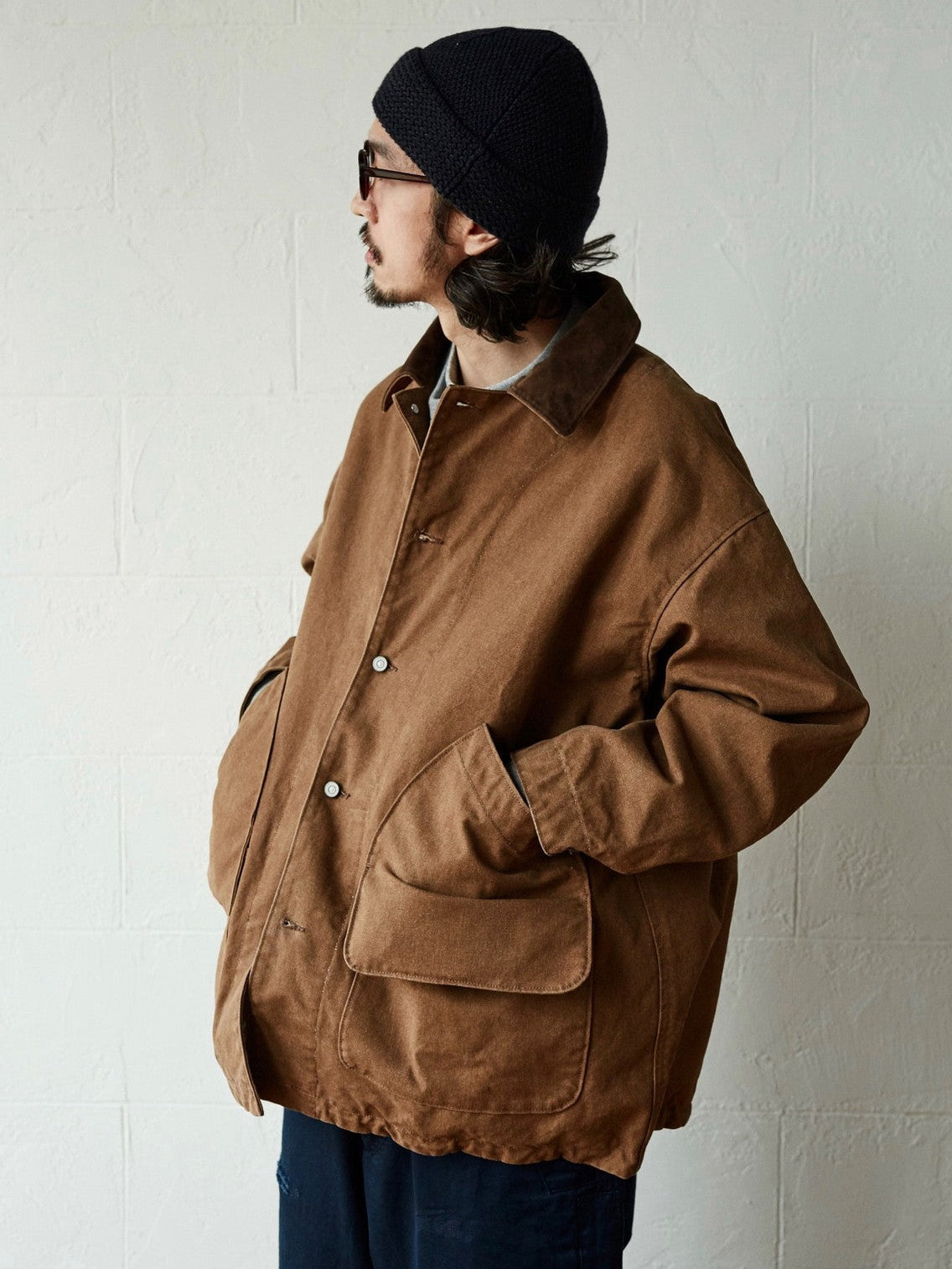 USAGE Heavyweight Canvas Hunting Jacket in Beige - On Male Model