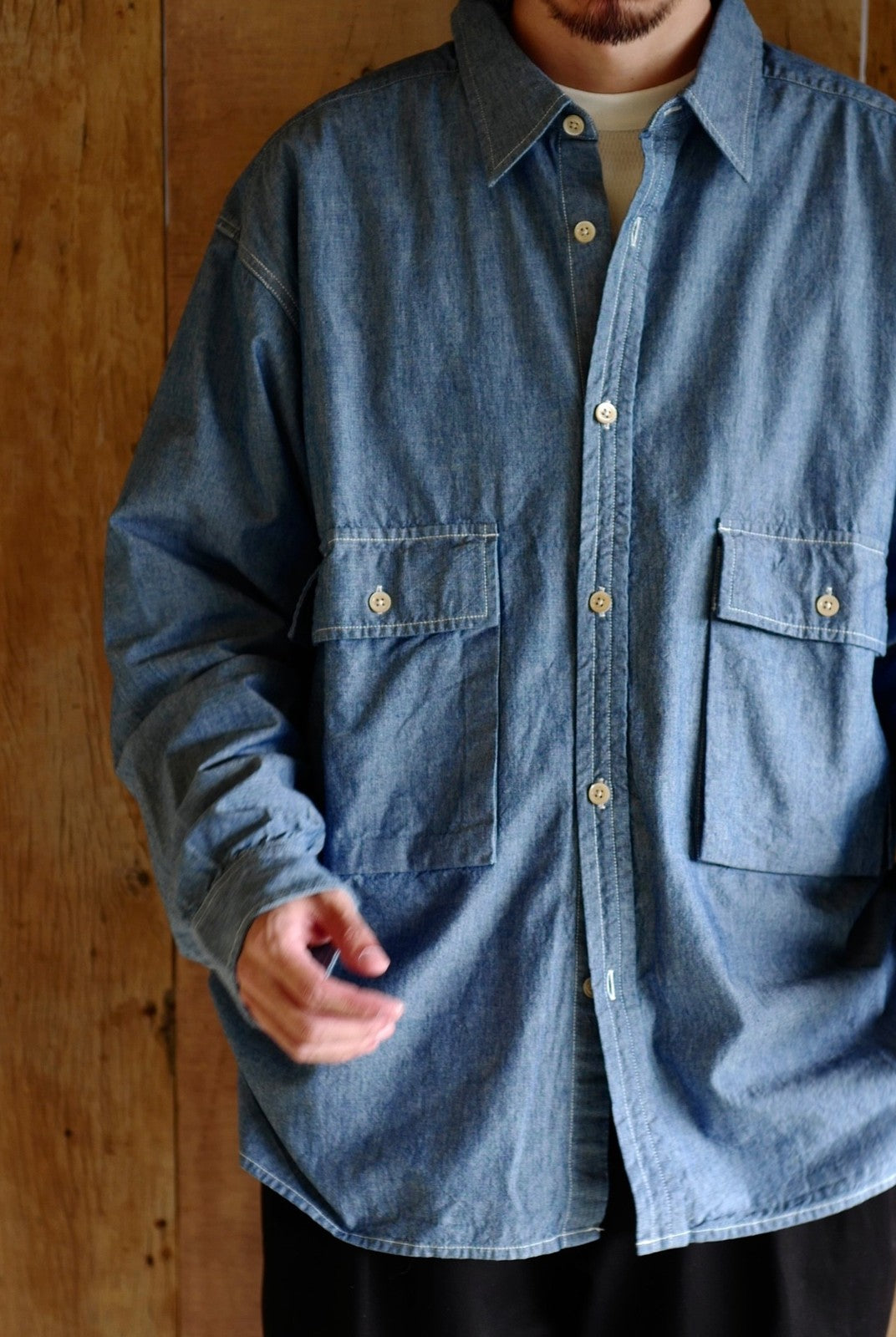 USAGE Cotton Chambray Safari Shirt in Denim - On Male Model