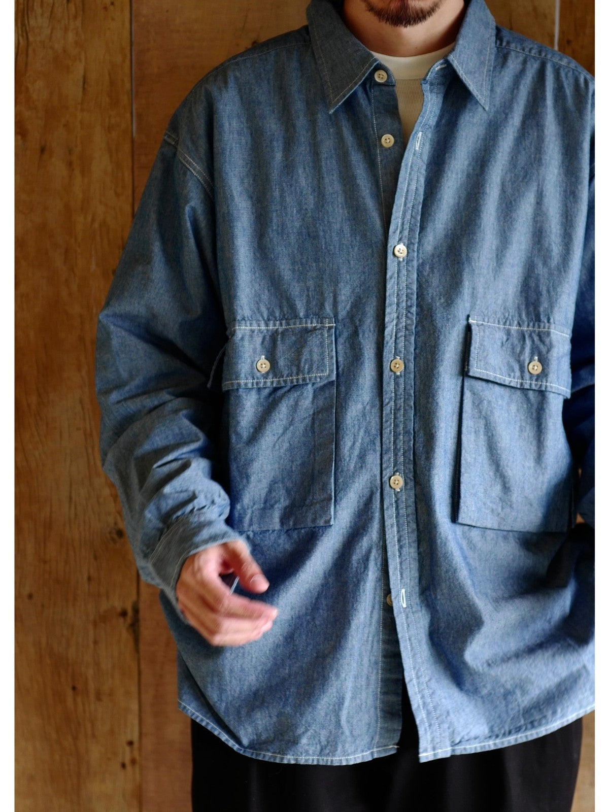 USAGE Cotton Chambray Safari Shirt in Denim - On Male Model