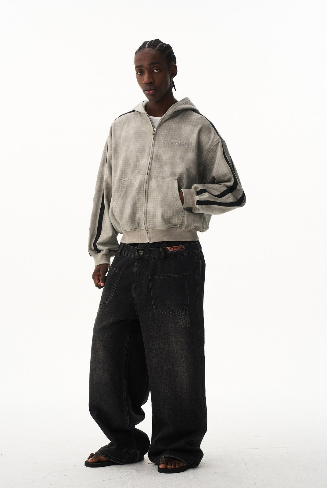 BLINDNOPLAN Distressed Embroidered Zip Up Hoodie in Gray - On Male Model