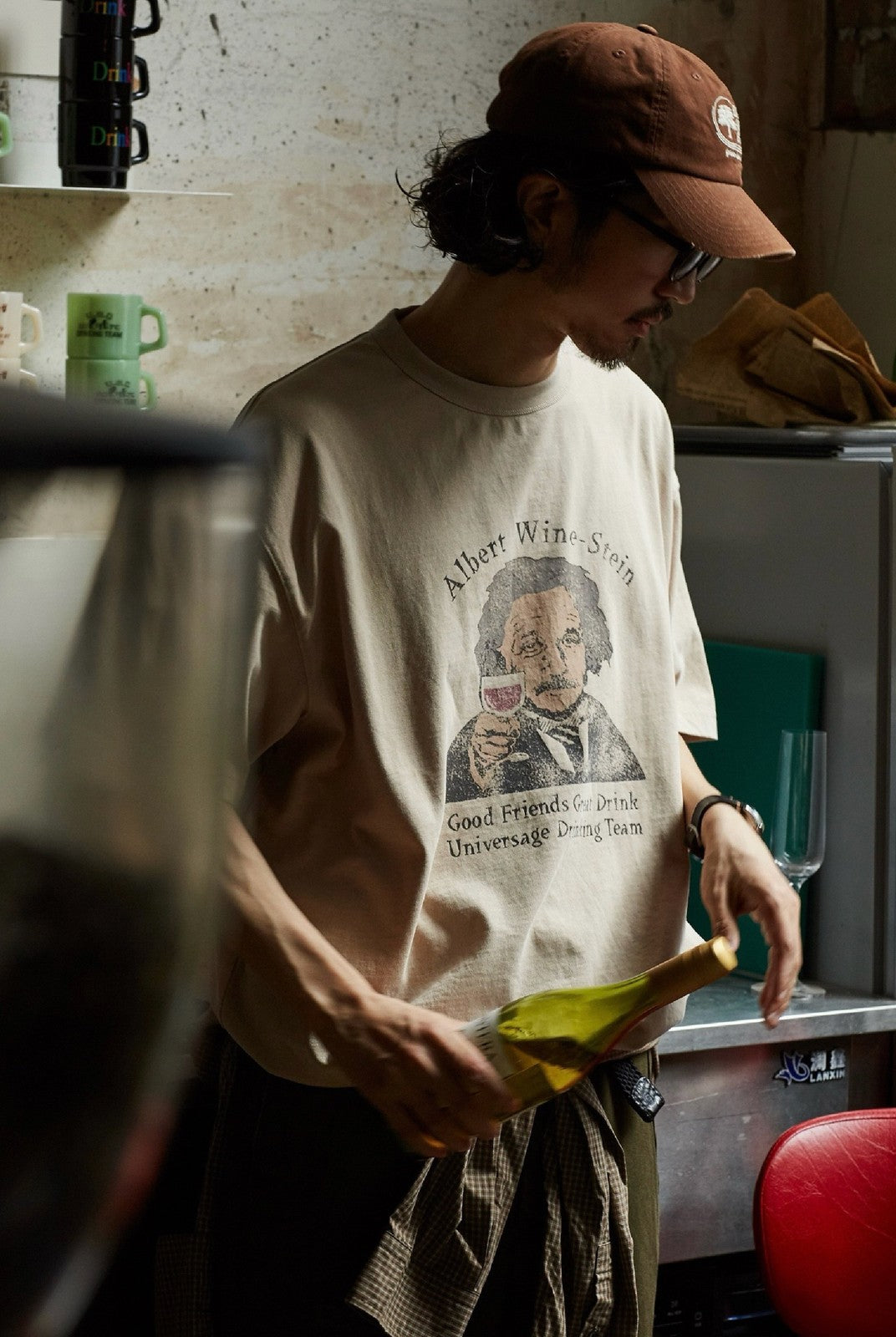 USAGE Vintage Wash Einstein Graphic T Shirt in Beige - On Male Model
