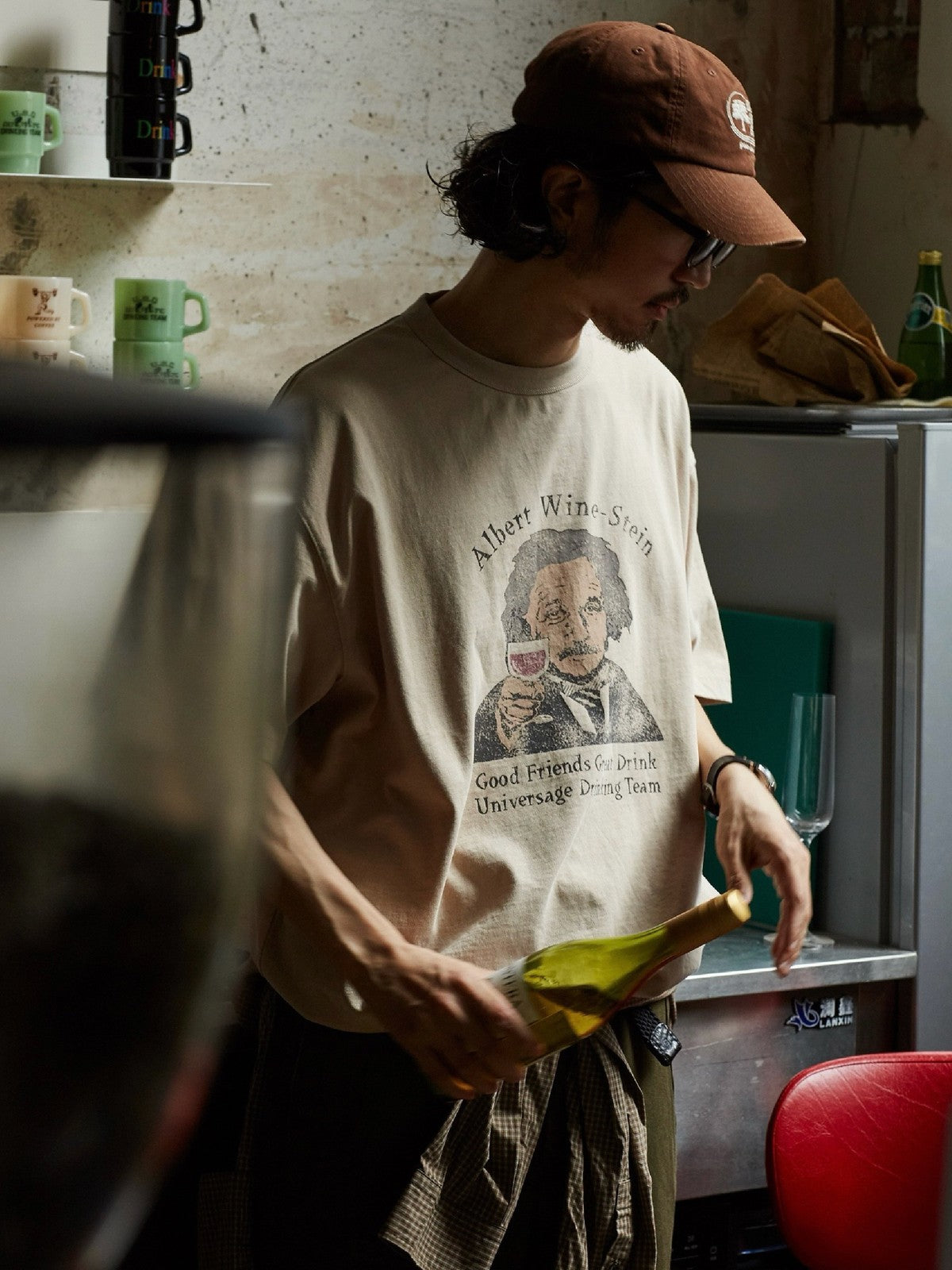 USAGE Vintage Wash Einstein Graphic T Shirt in Beige - On Male Model