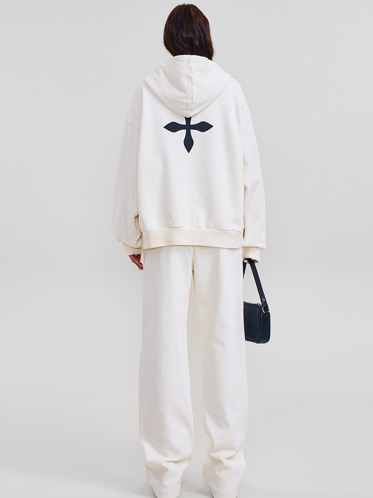 SMFK Embroidered Cotton Zip Up Hoodie in White - On Model