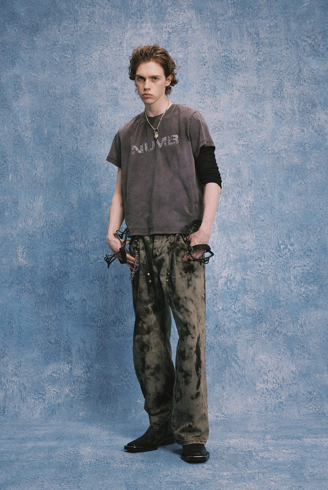 SOD Hand Tie Dye Distressed Straight Jeans in Gray - On Male Model