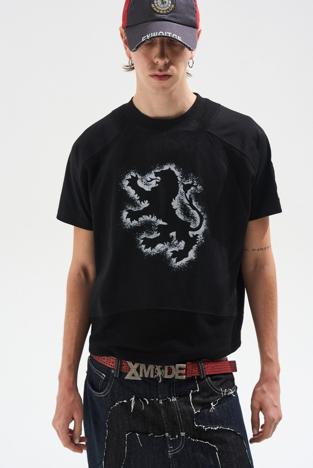 BLINDNOPLAN Sorona Panelled Graphic T Shirt in Black - On Male Model