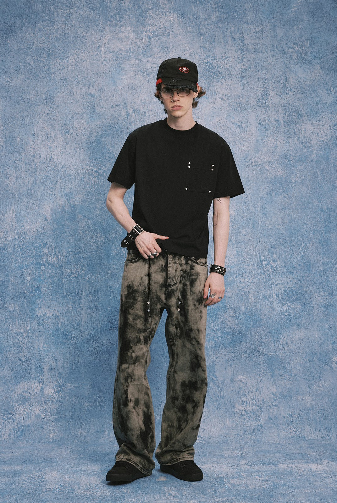 SOD Hand Tie Dye Distressed Straight Jeans in Gray - On Male Model