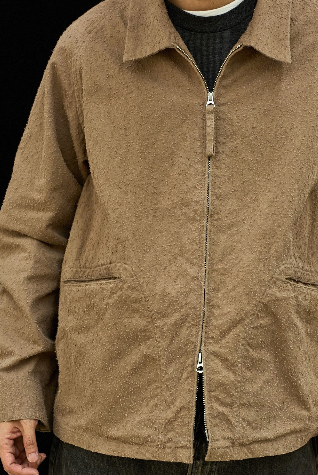 USAGE Textured Nep Blouson Jacket in Beige - On Male Model