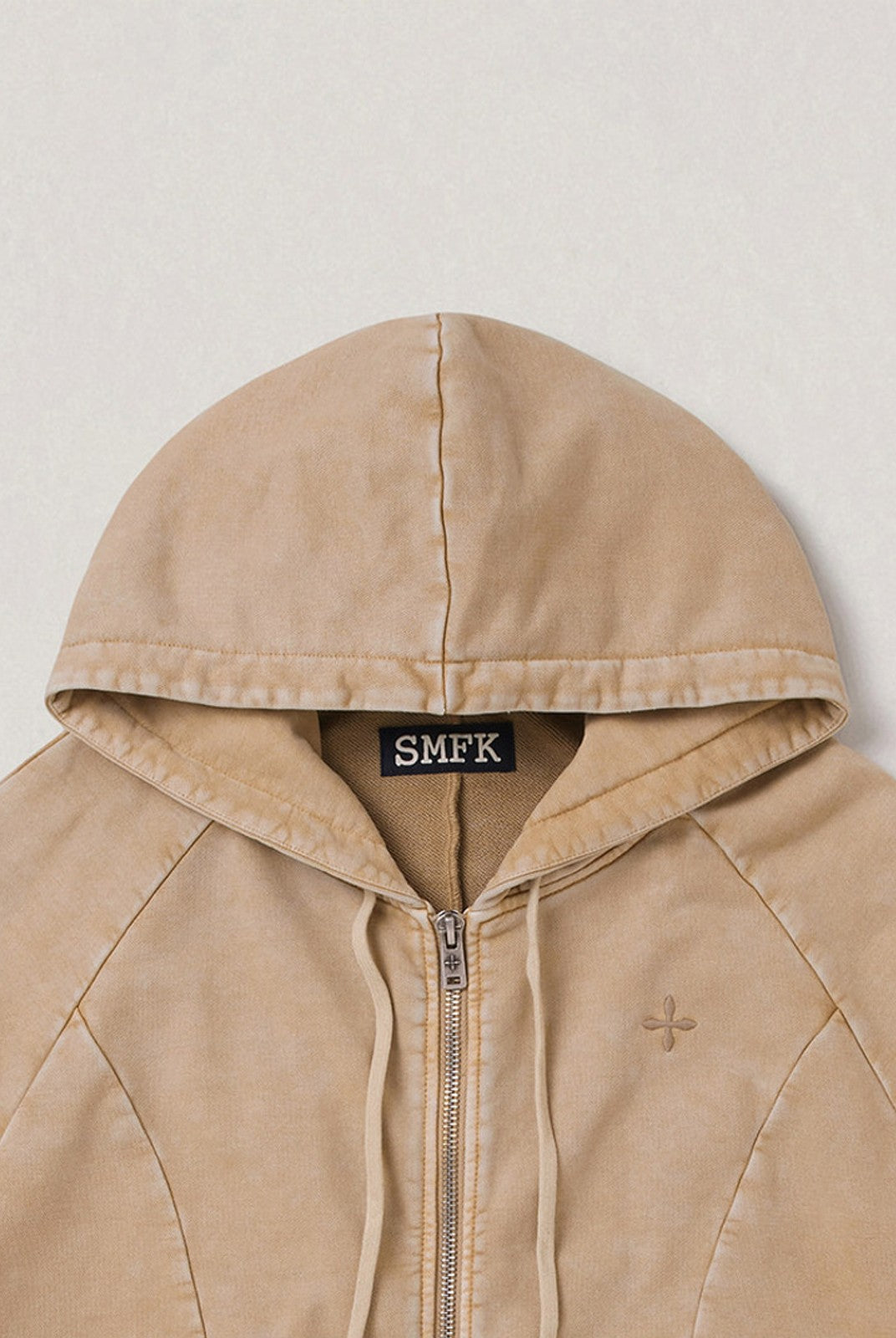SMFK Distressed Washed Cotton Zip Up Hoodie in Beige - Detail
