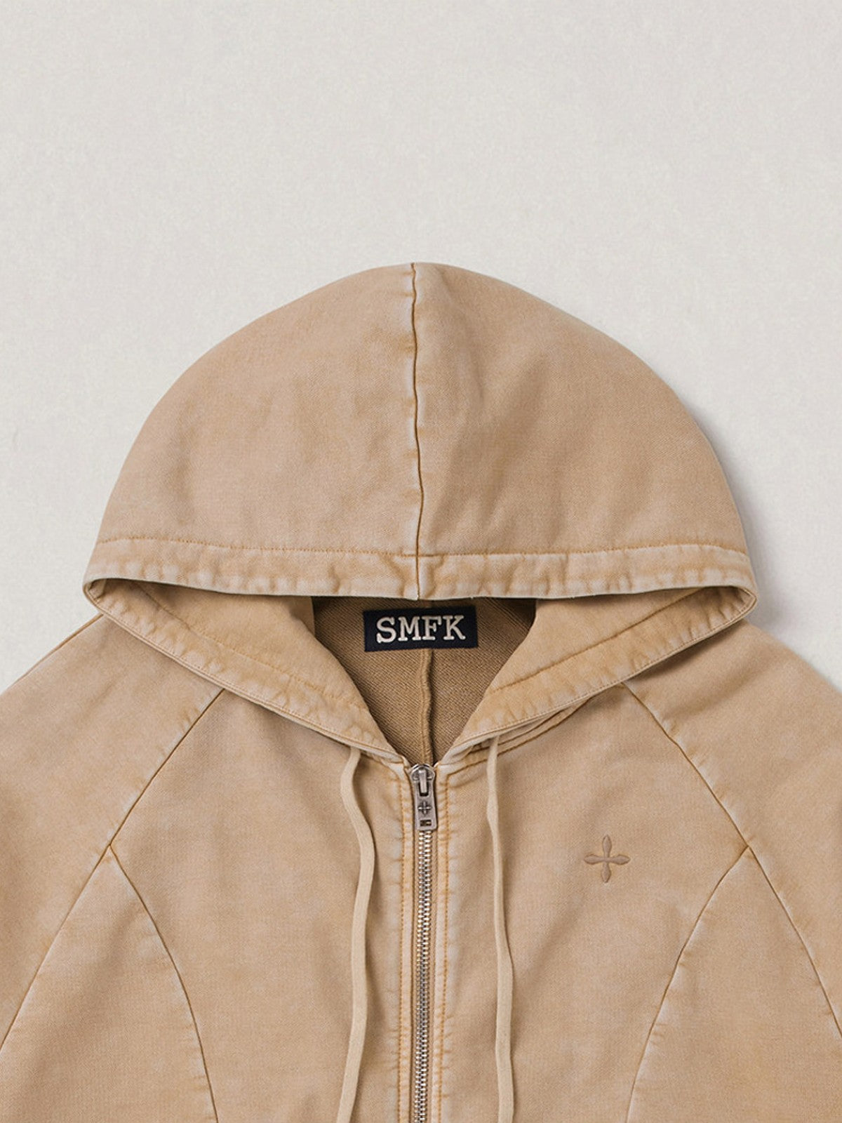 SMFK Distressed Washed Cotton Zip Up Hoodie in Beige - Detail