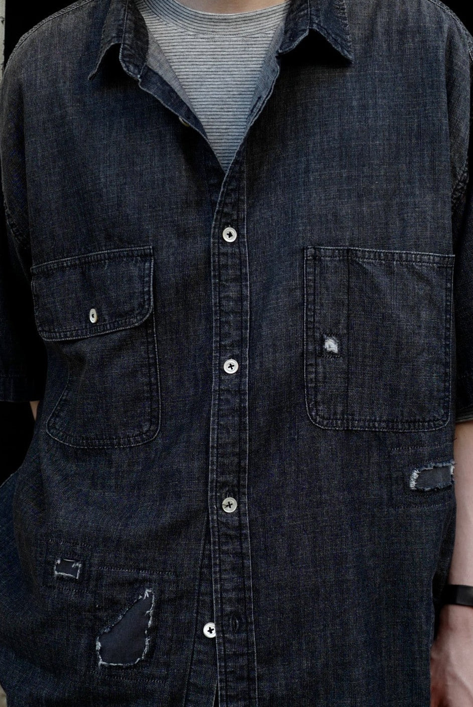 USAGE Distressed Short Sleeve Denim Shirt in Gray - On Male Model