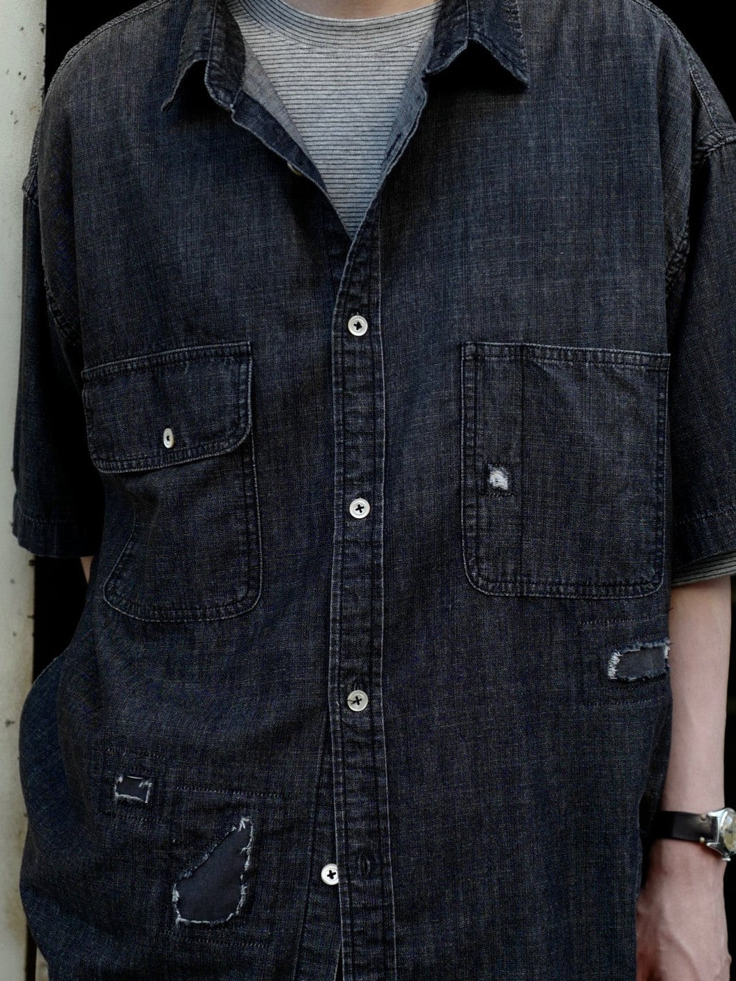 USAGE Distressed Short Sleeve Denim Shirt in Gray - On Male Model