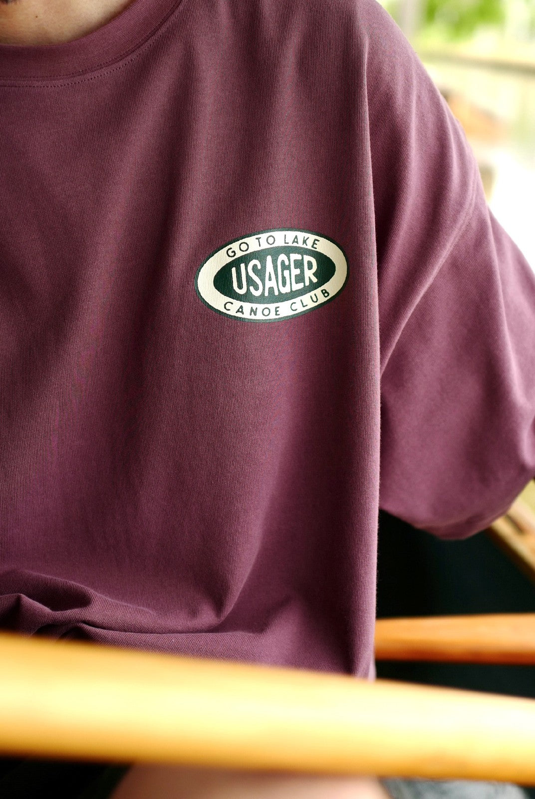 USAGE Canoe Club Graphic Cotton T Shirt in Burgundy - On Male Model