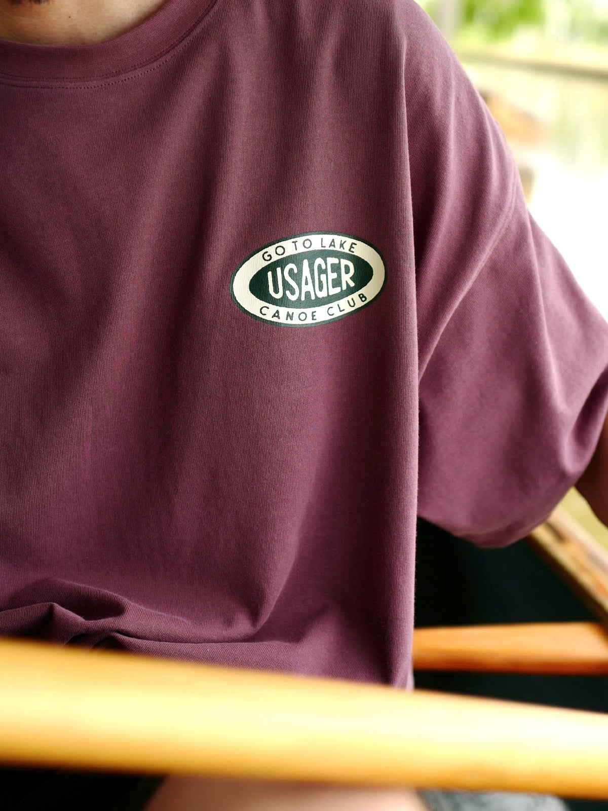 USAGE Canoe Club Graphic Cotton T Shirt in Burgundy - On Male Model