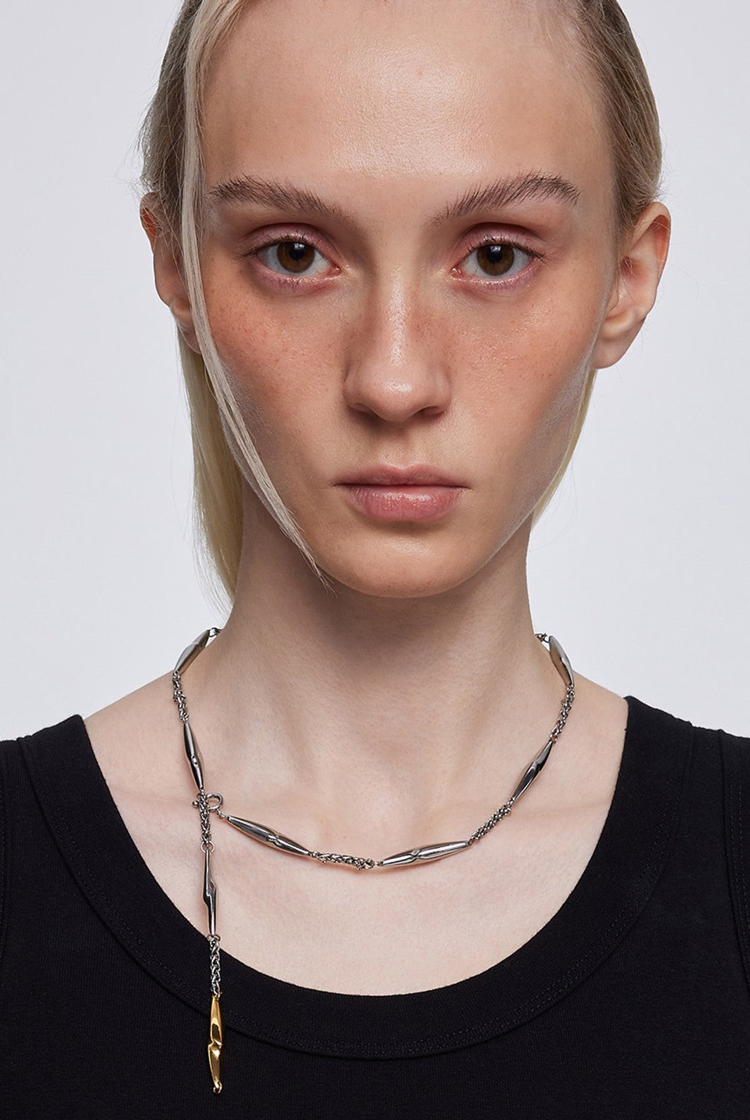 BLACKHEAD Two Tone Lightning Bolt Necklace in Gray - On Female Model