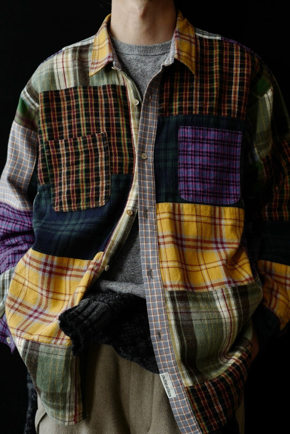 USAGE Cotton Plaid Patchwork Shirt in Patchwork - On Male Model