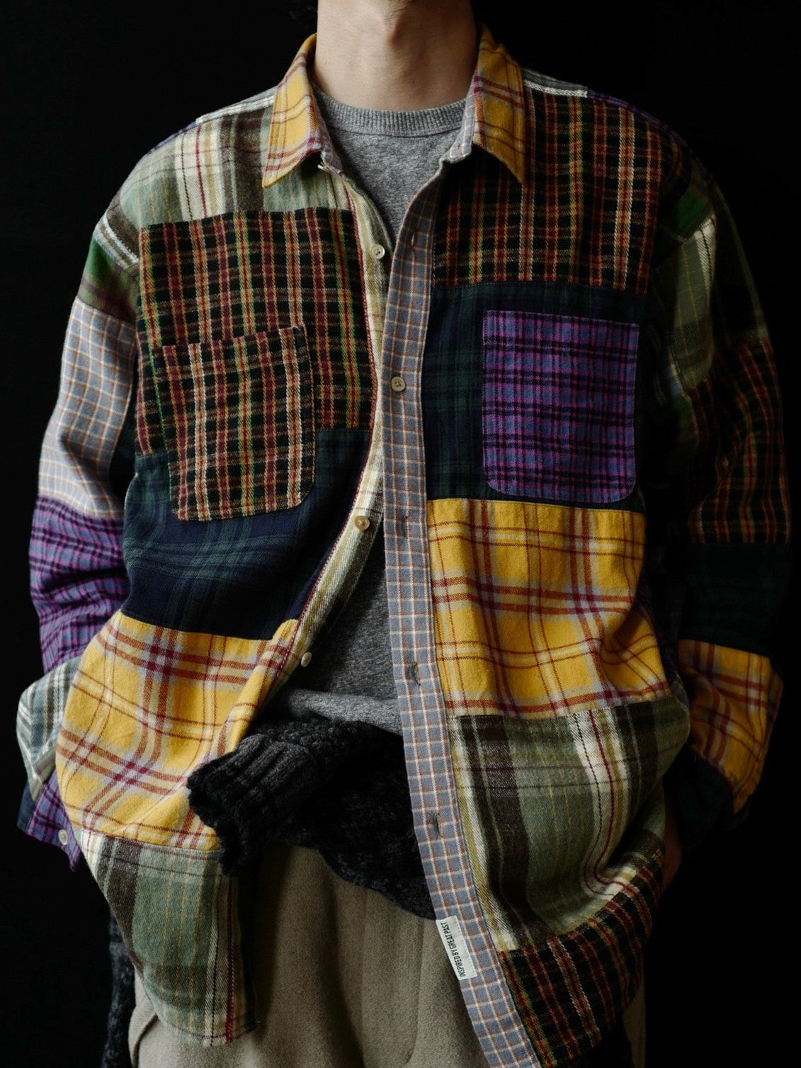 USAGE Cotton Plaid Patchwork Shirt in Patchwork - On Male Model