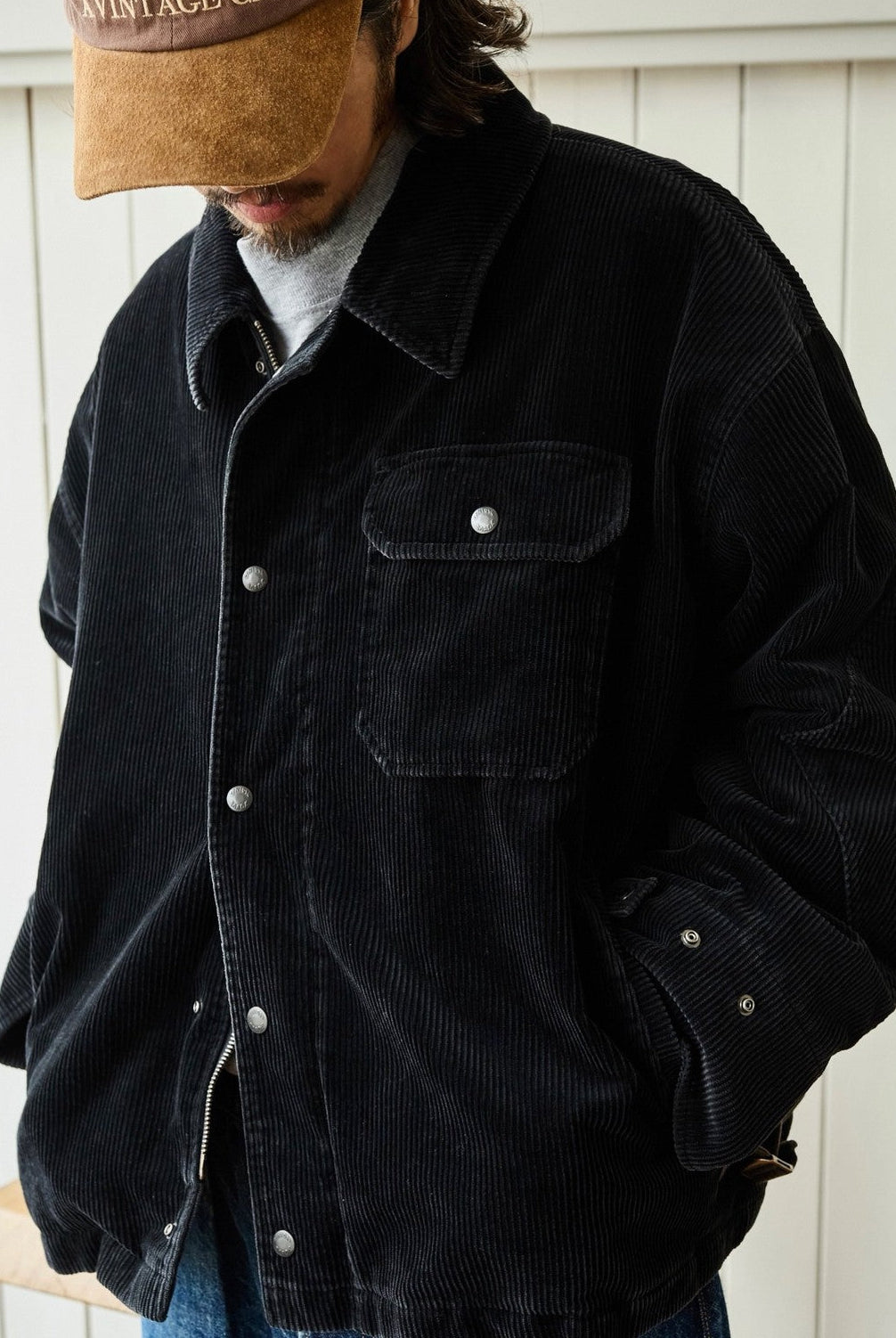 USAGE Wide Wale Corduroy Deck Jacket in Black - On Male Model