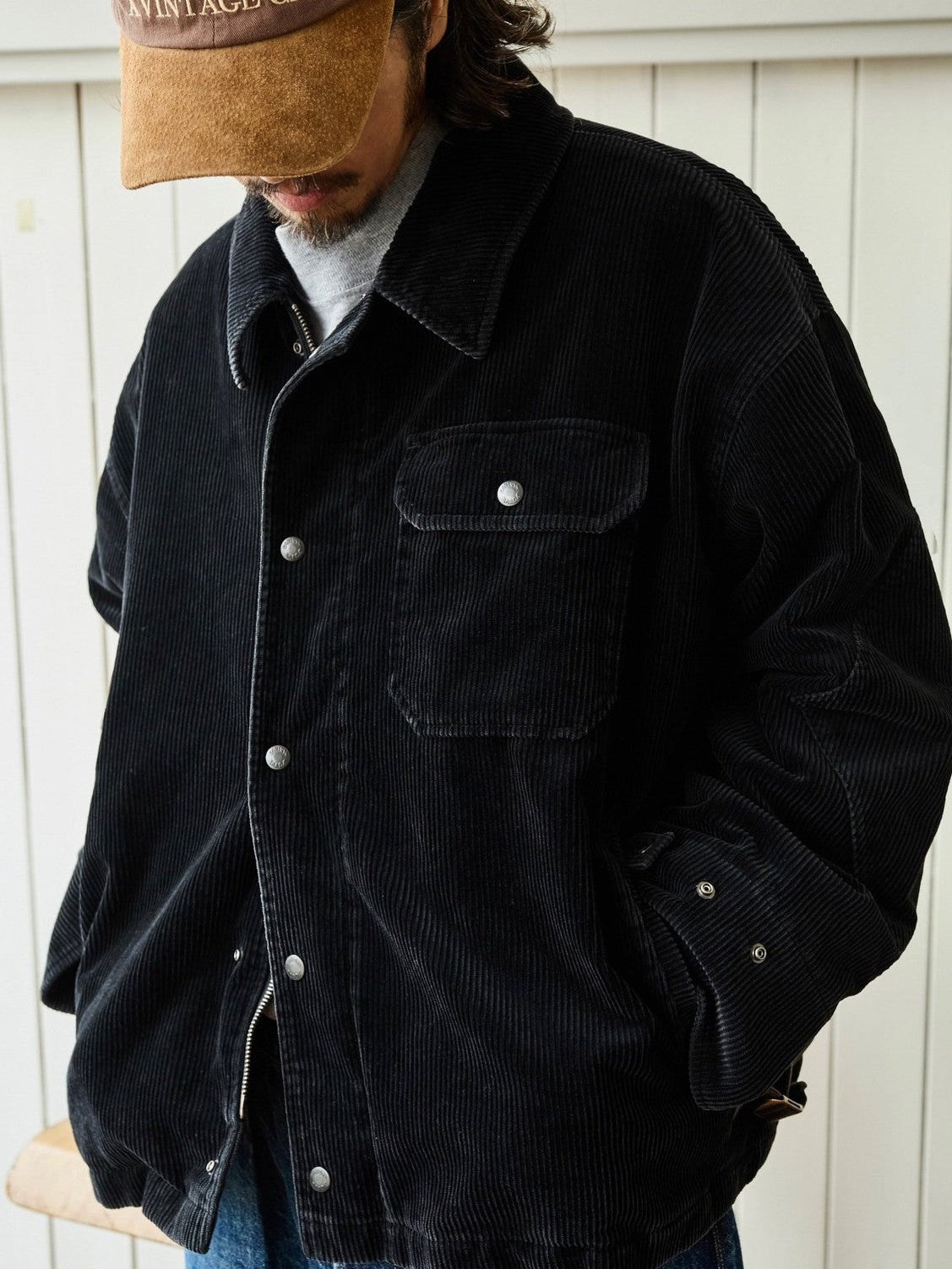 USAGE Wide Wale Corduroy Deck Jacket in Black - On Male Model