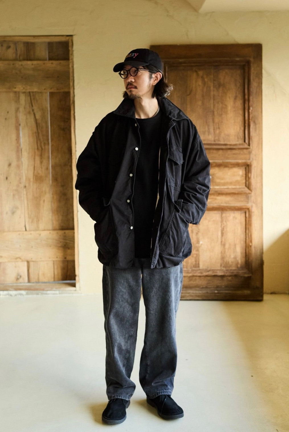 USAGE Washed Cotton Twill M65 Jacket in Black - On Male Model