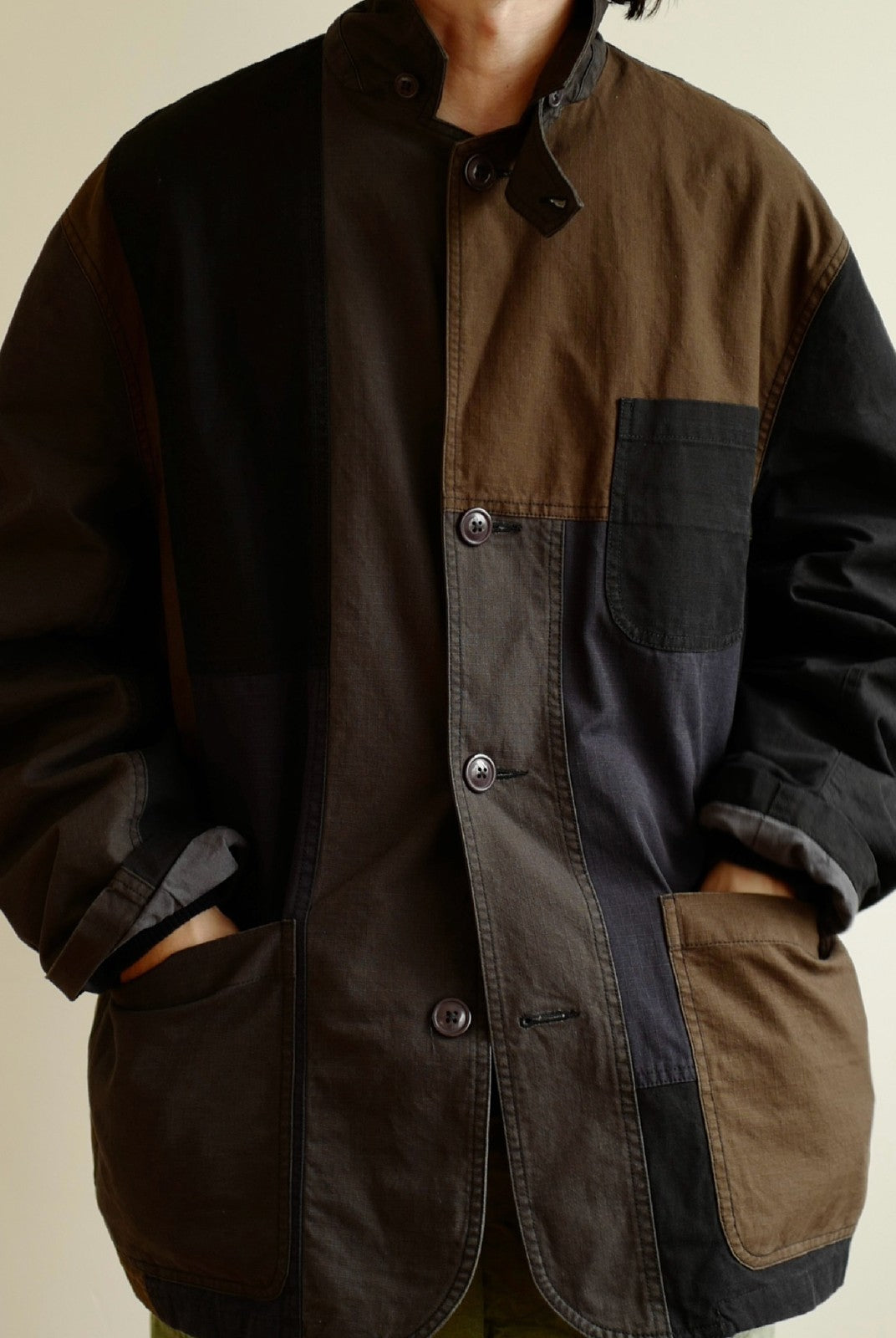 USAGE Cotton Ripstop Patchwork Blazer in Black - On Male Model