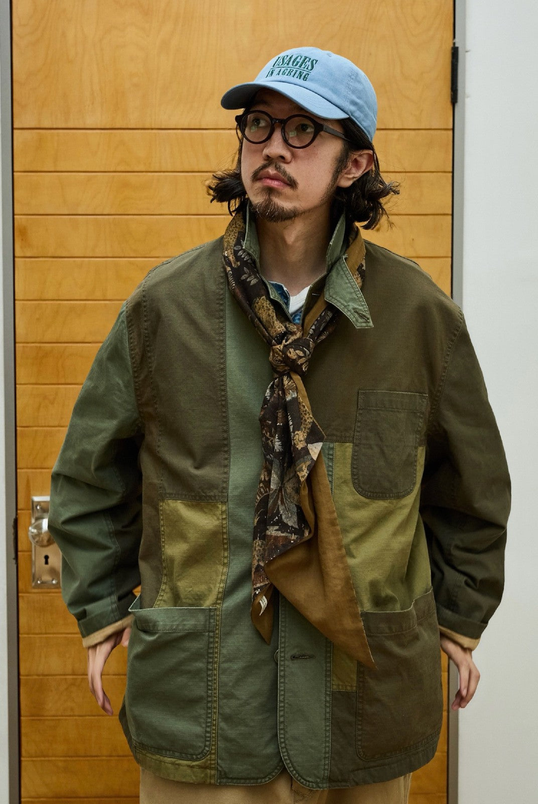 USAGE Cotton Ripstop Patchwork Blazer in Green - On Male Model