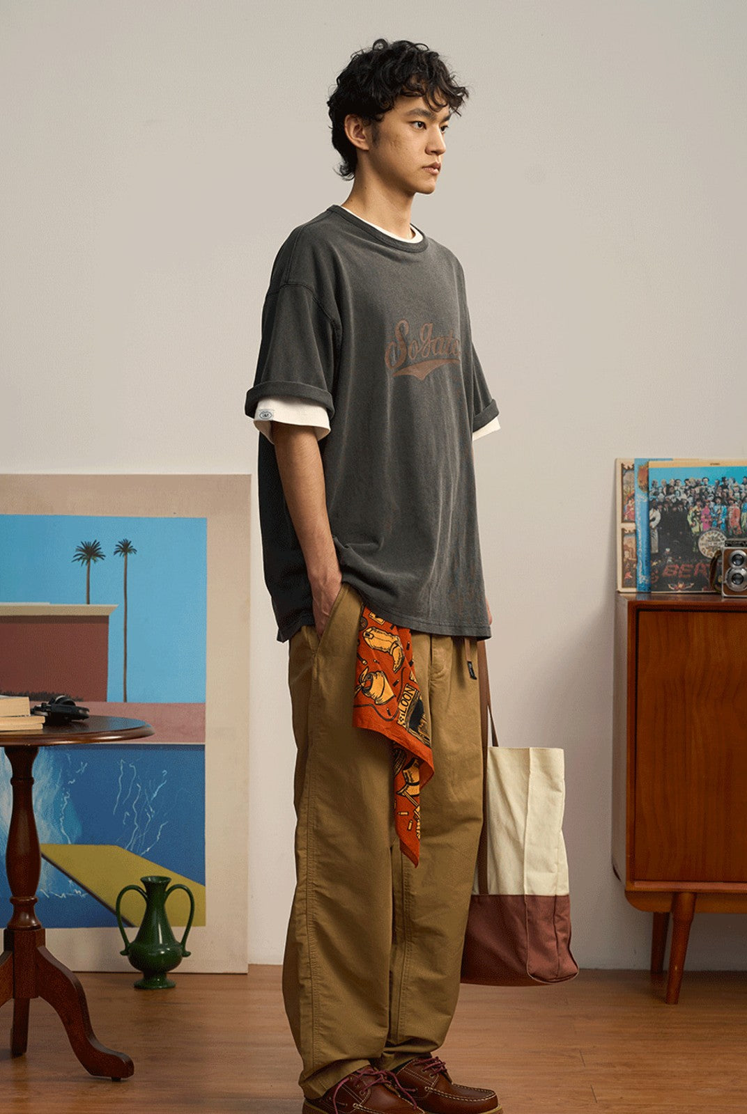SOD Belted Cotton Nylon Tapered Pants in Beige - On Male Model