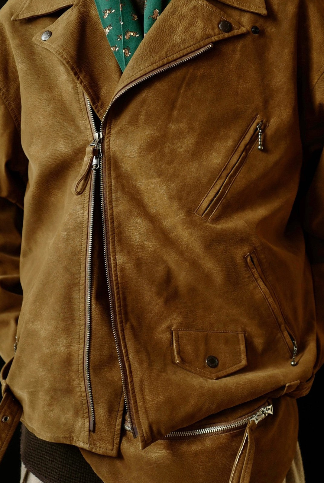 USAGE Distressed Faux Suede Moto Jacket in Brown - On Male Model