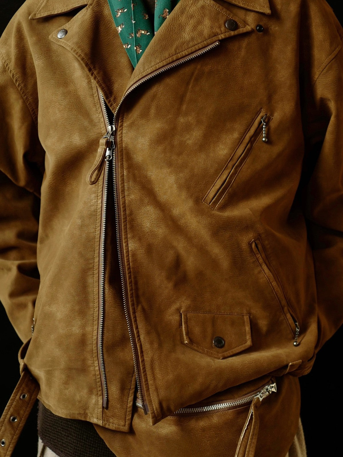 USAGE Distressed Faux Suede Moto Jacket in Brown - On Male Model