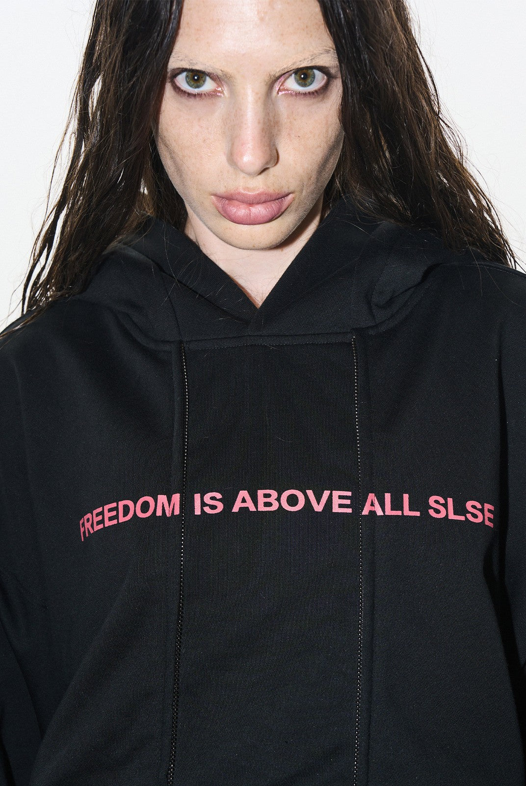 BLINDNOPLAN Faux Double Layer Paneled Hoodie in Black - On Female Model
