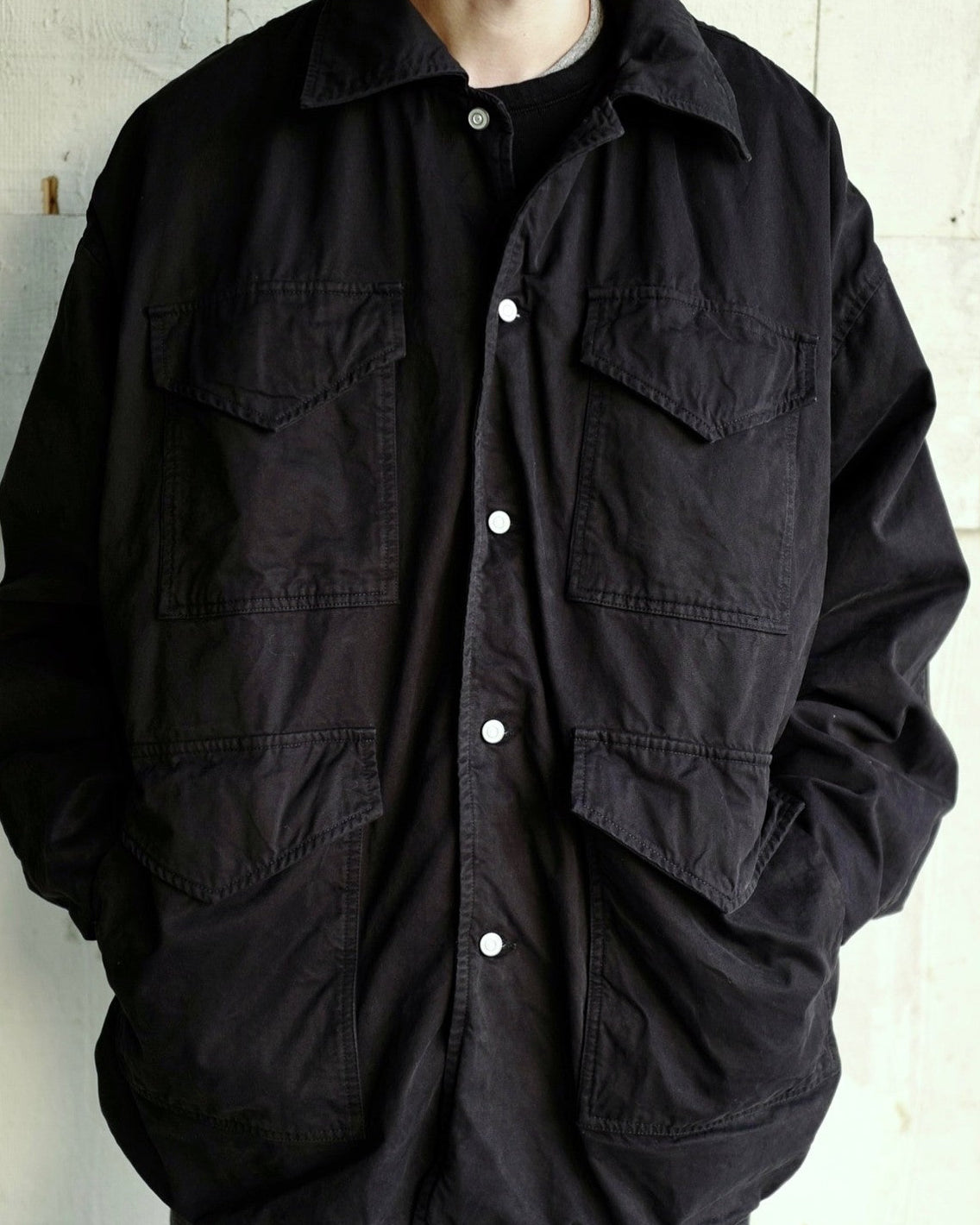 USAGE Washed Cotton Twill M65 Jacket in Black - On Male Model