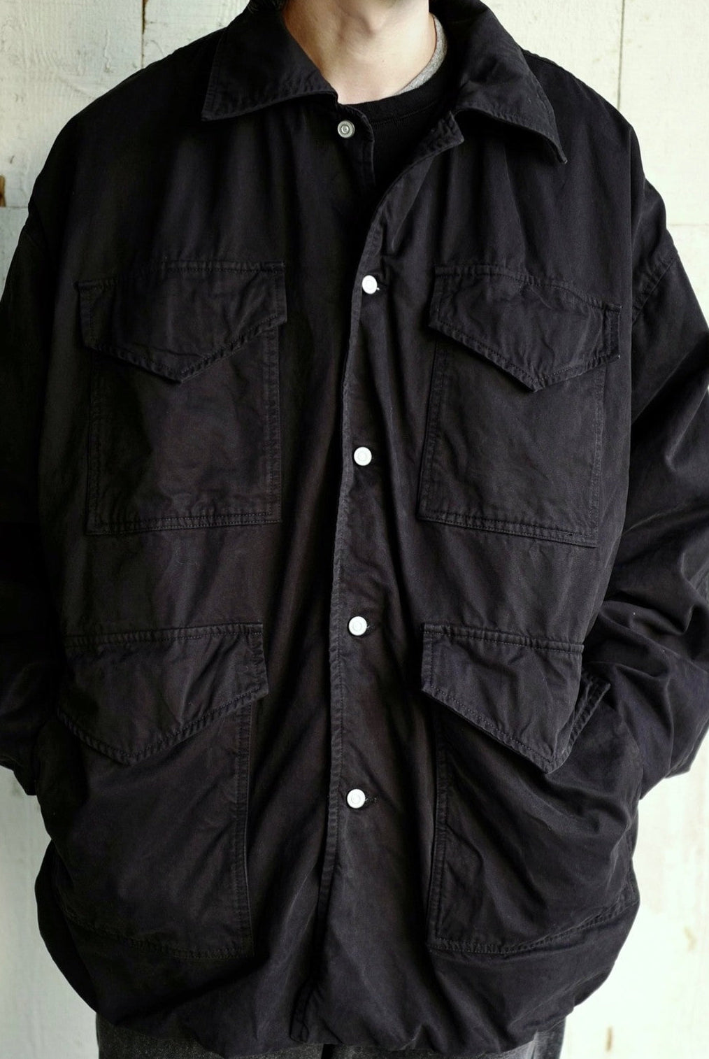 USAGE Washed Cotton Twill M65 Jacket in Black - On Male Model