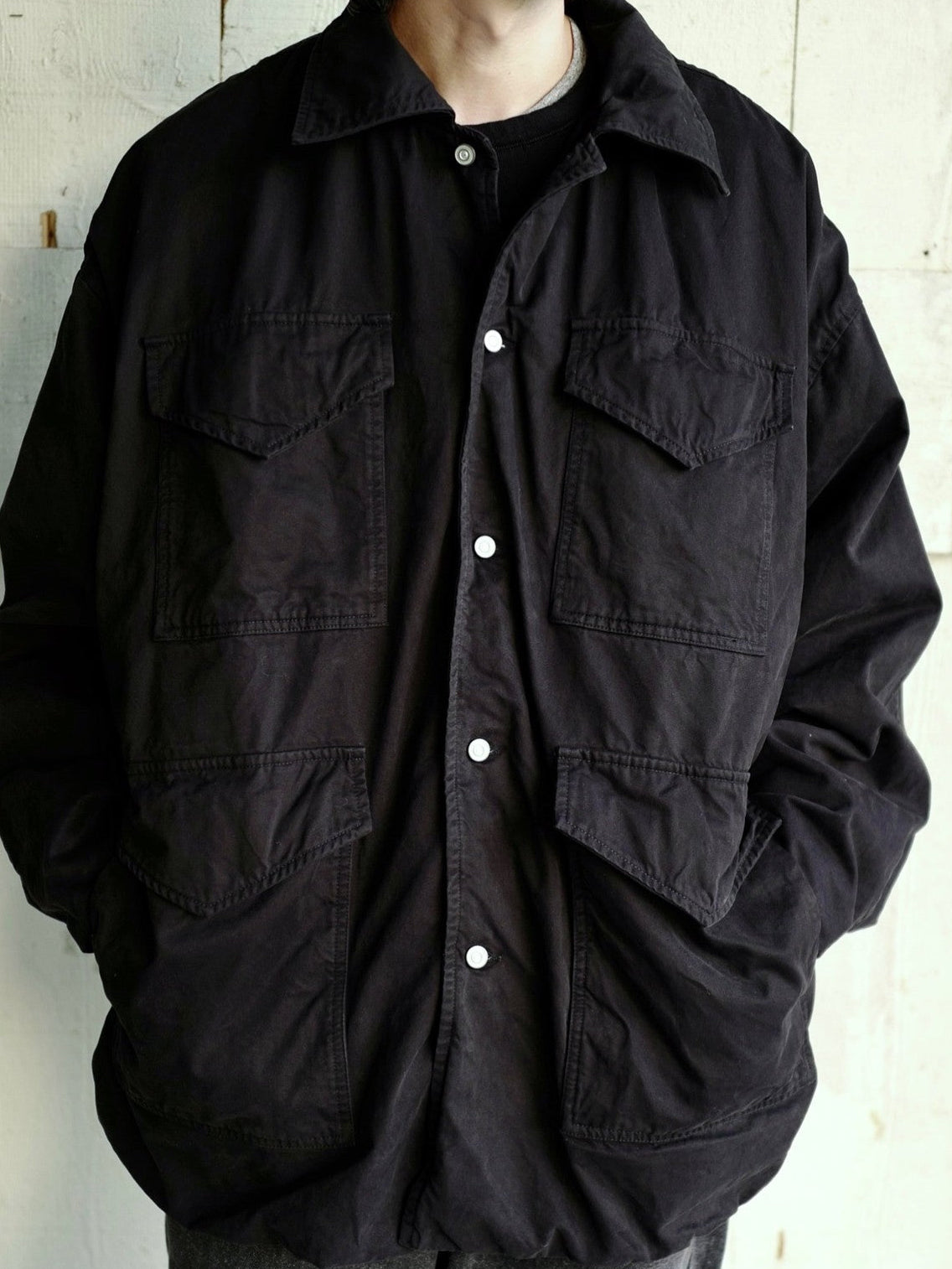 USAGE Washed Cotton Twill M65 Jacket in Black - On Male Model