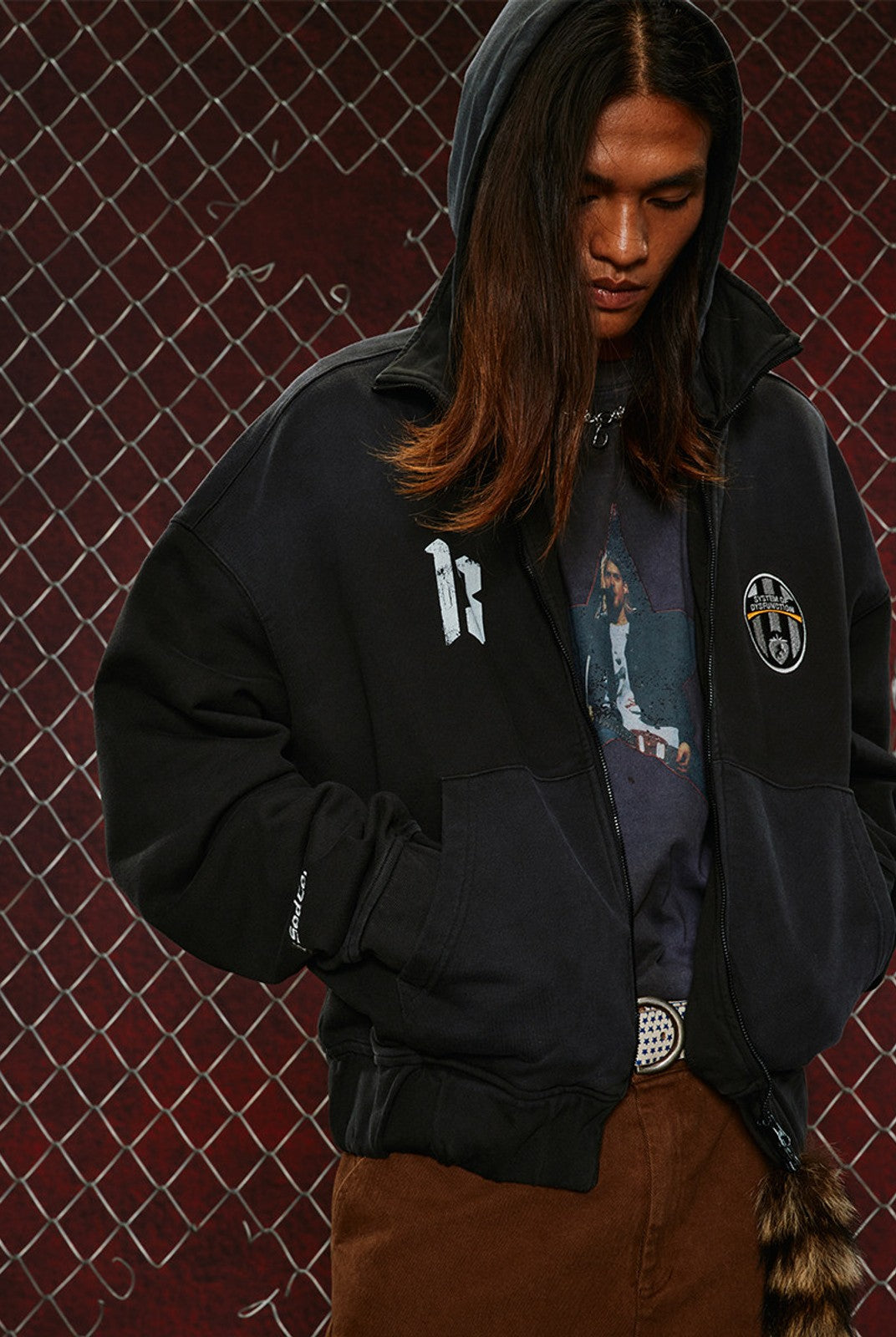 SOD Washed Layered Zip Up Hoodie in Black - On Male Model