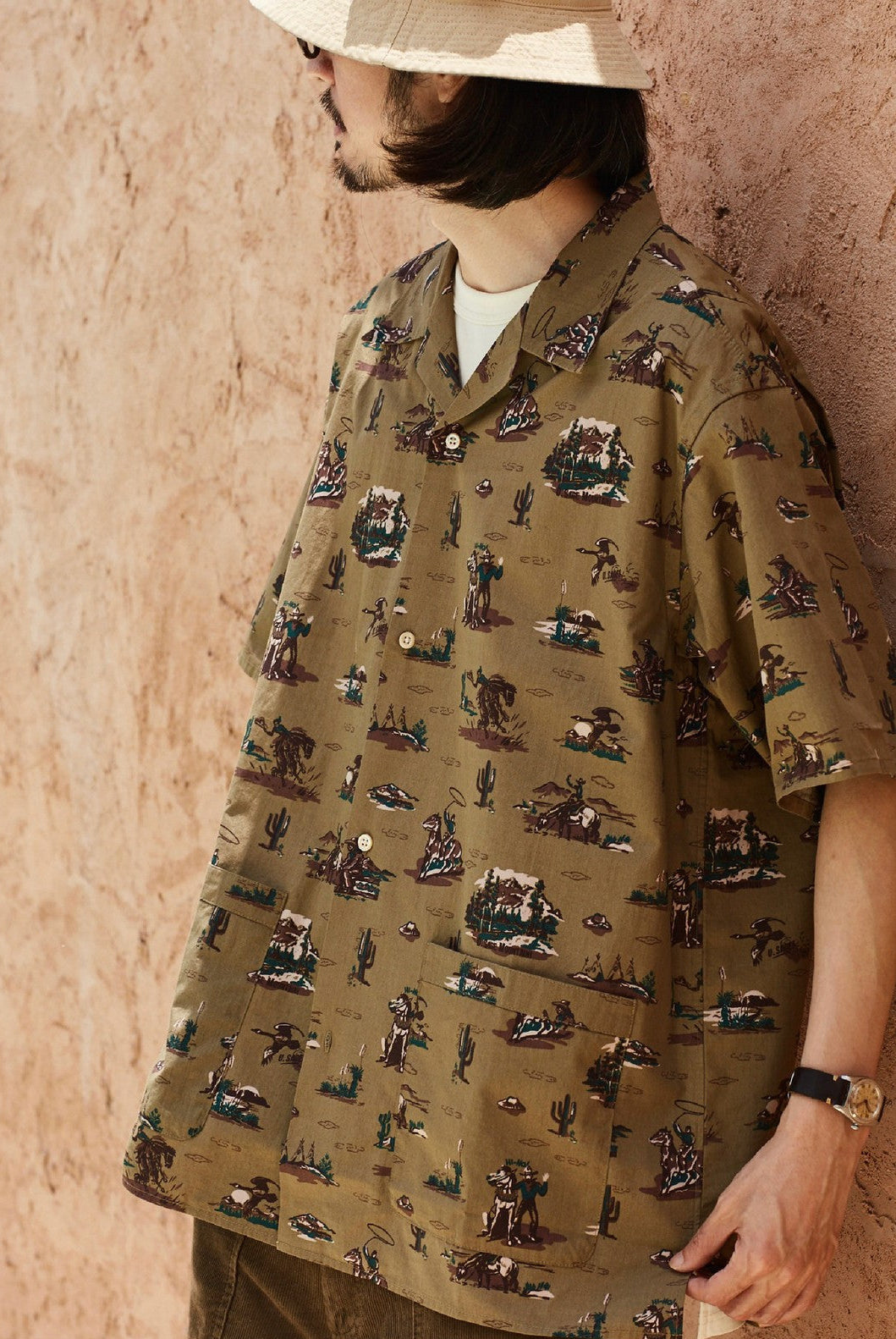 USAGE Cowboy Print Cotton Hawaiian Shirt in Beige - On Male Model