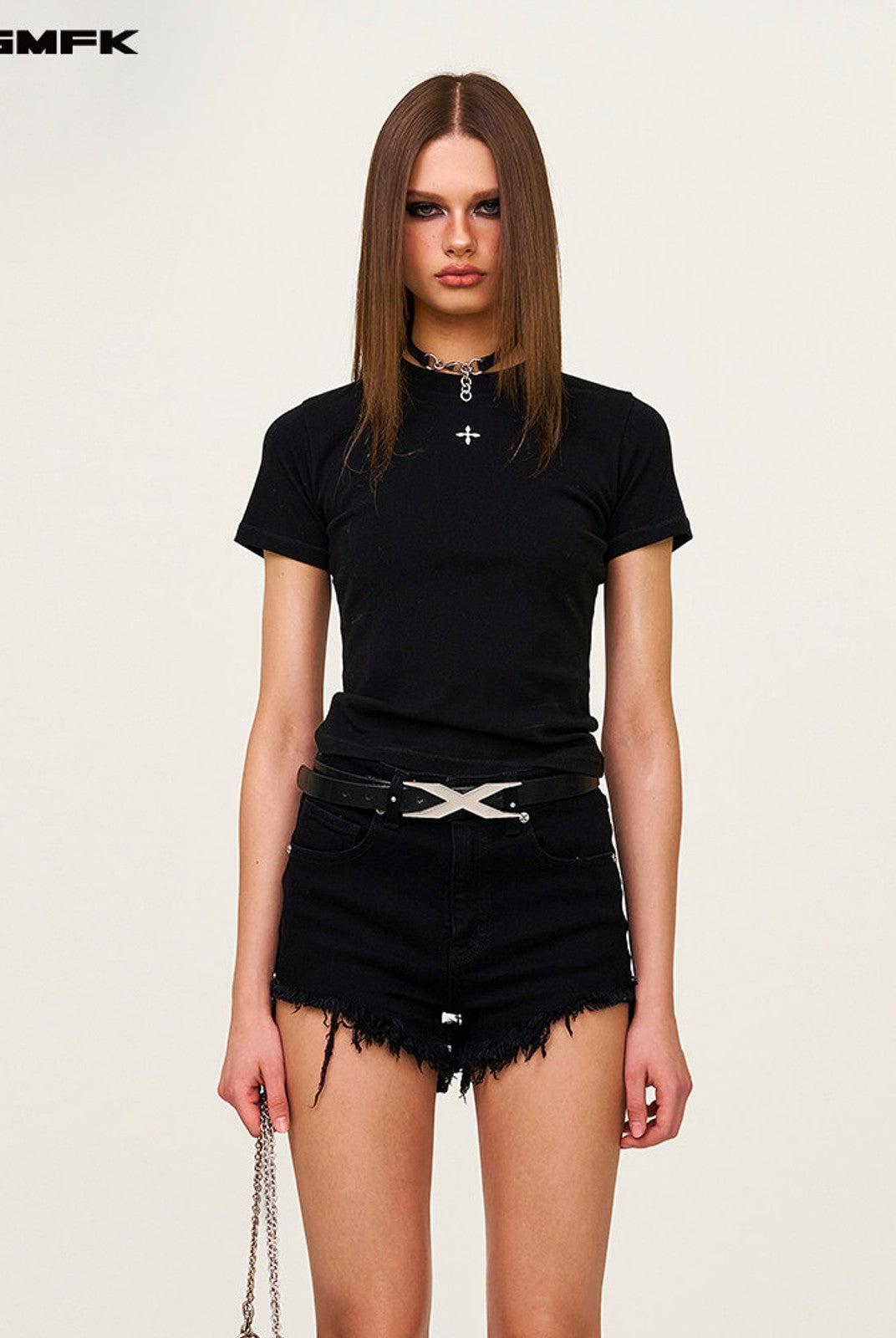 SMFK Embroidered Cross Crewneck Tee in Black - On Female Model