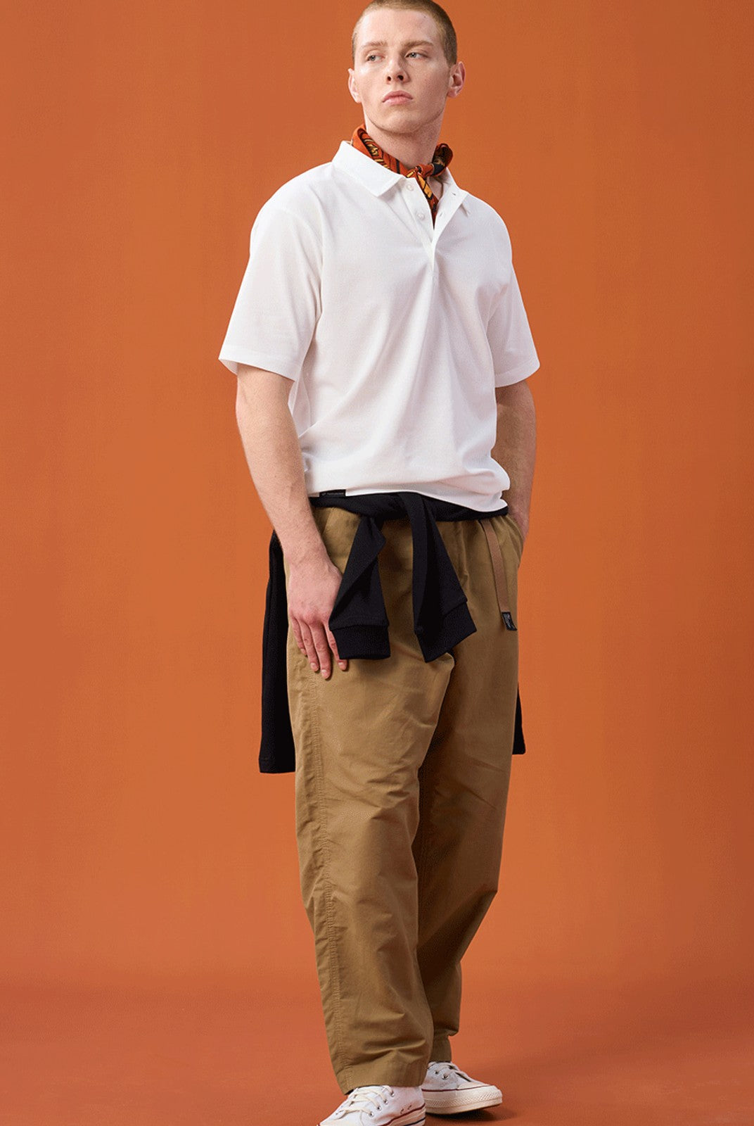SOD Belted Cotton Nylon Tapered Pants in Beige - On Male Model