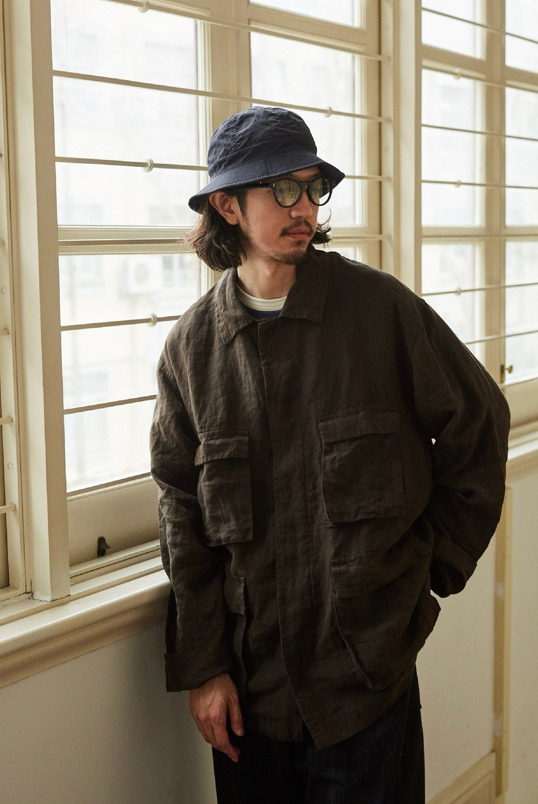 USAGE Linen Four Pocket BDU Jacket in Brown - On Male Model