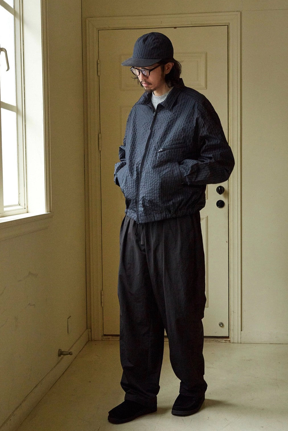 USAGE Jacquard Check Harrington Jacket in Navy Blue - On Male Model