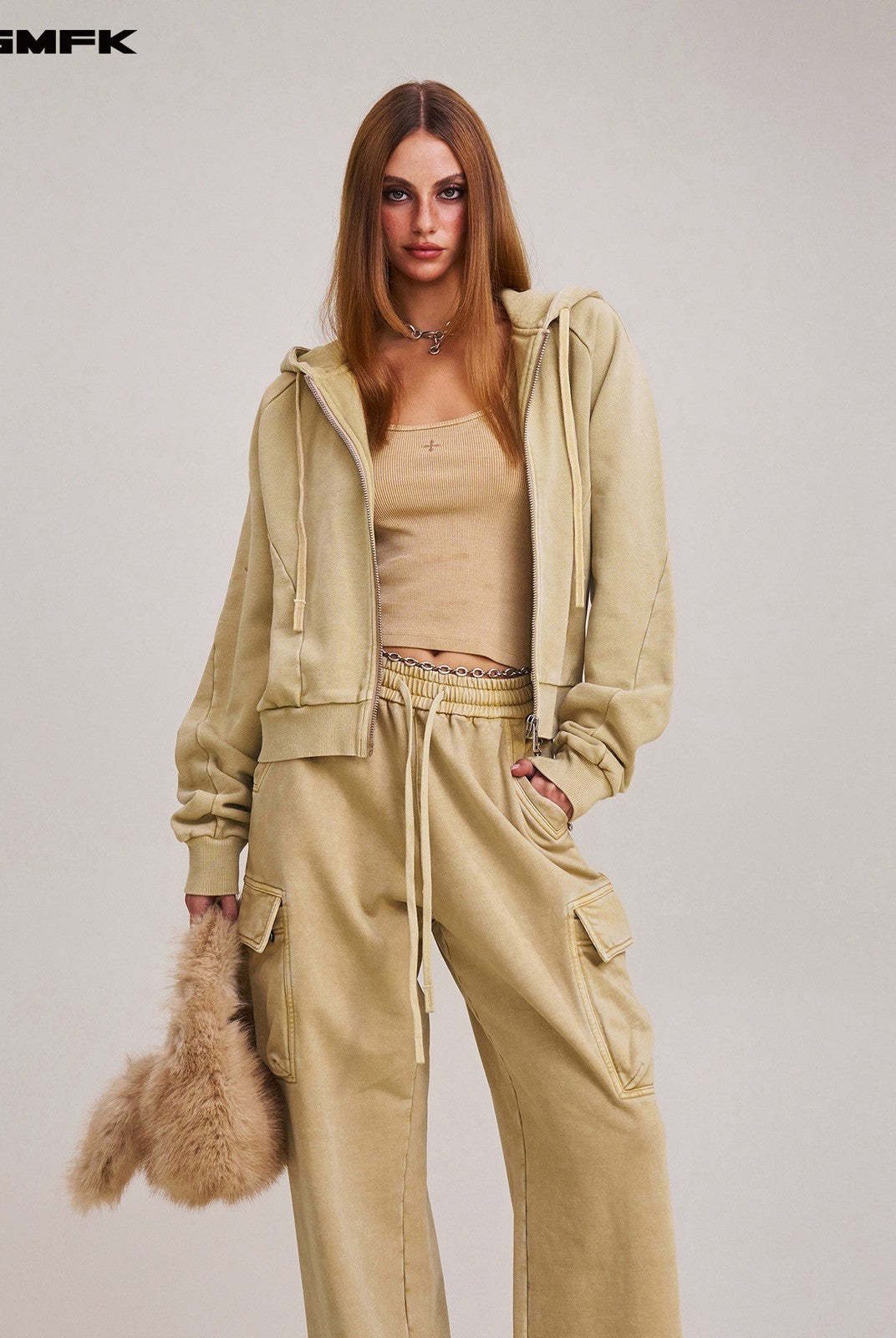 SMFK Garment Dyed Cotton Zip Up Hoodie in Beige - On Female Model