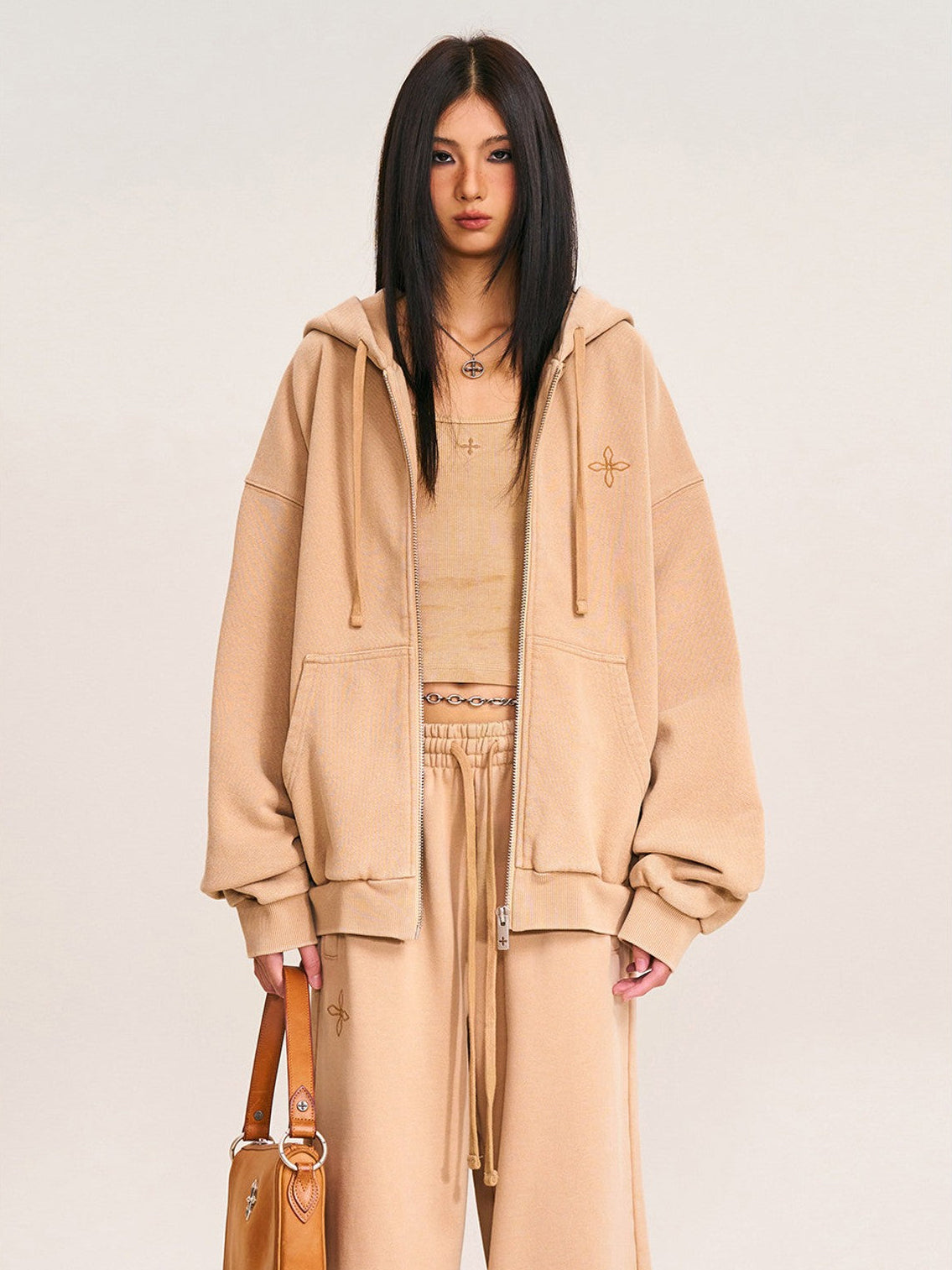 SMFK Cross Embroidered Cotton Zip Up Hoodie in Beige - On Female Model