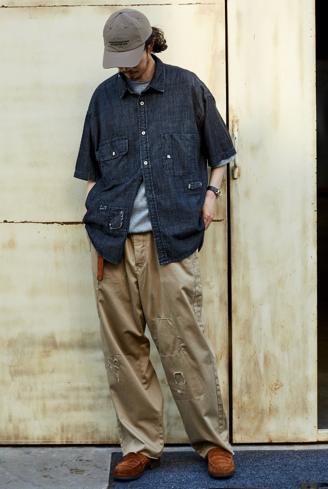 USAGE Distressed Short Sleeve Denim Shirt in Gray - On Male Model