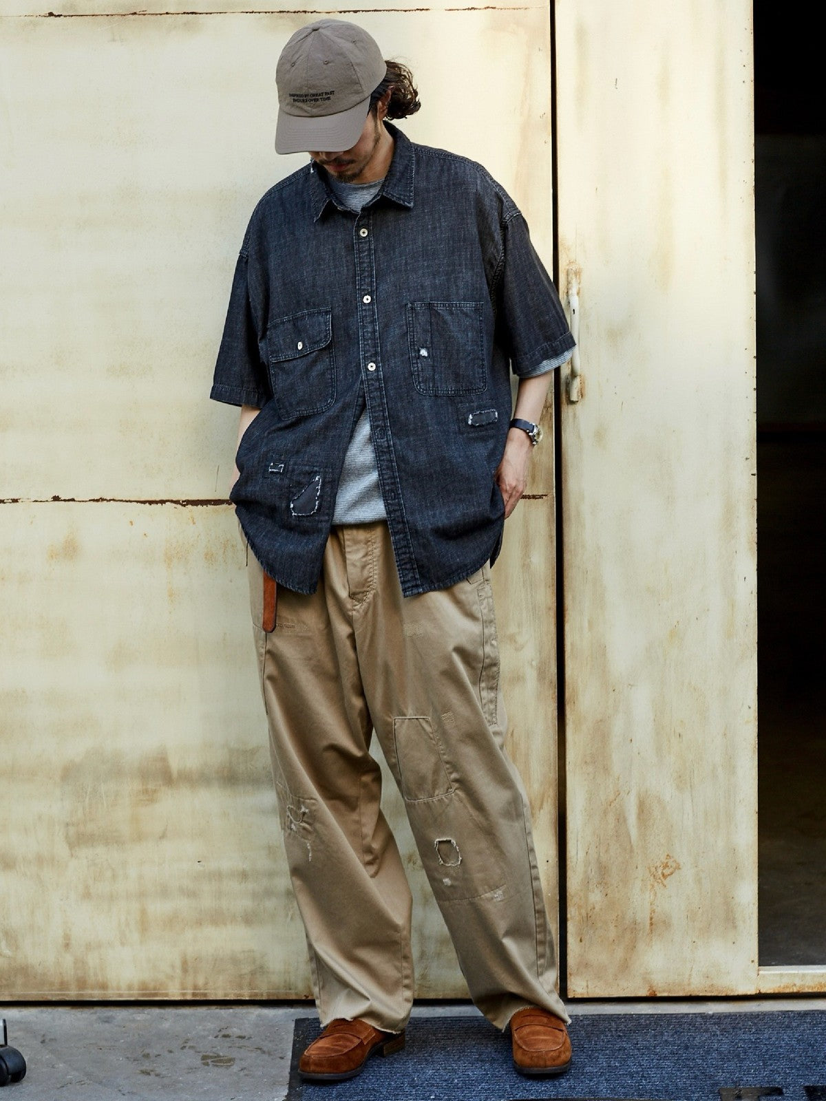 USAGE Distressed Short Sleeve Denim Shirt in Gray - On Male Model