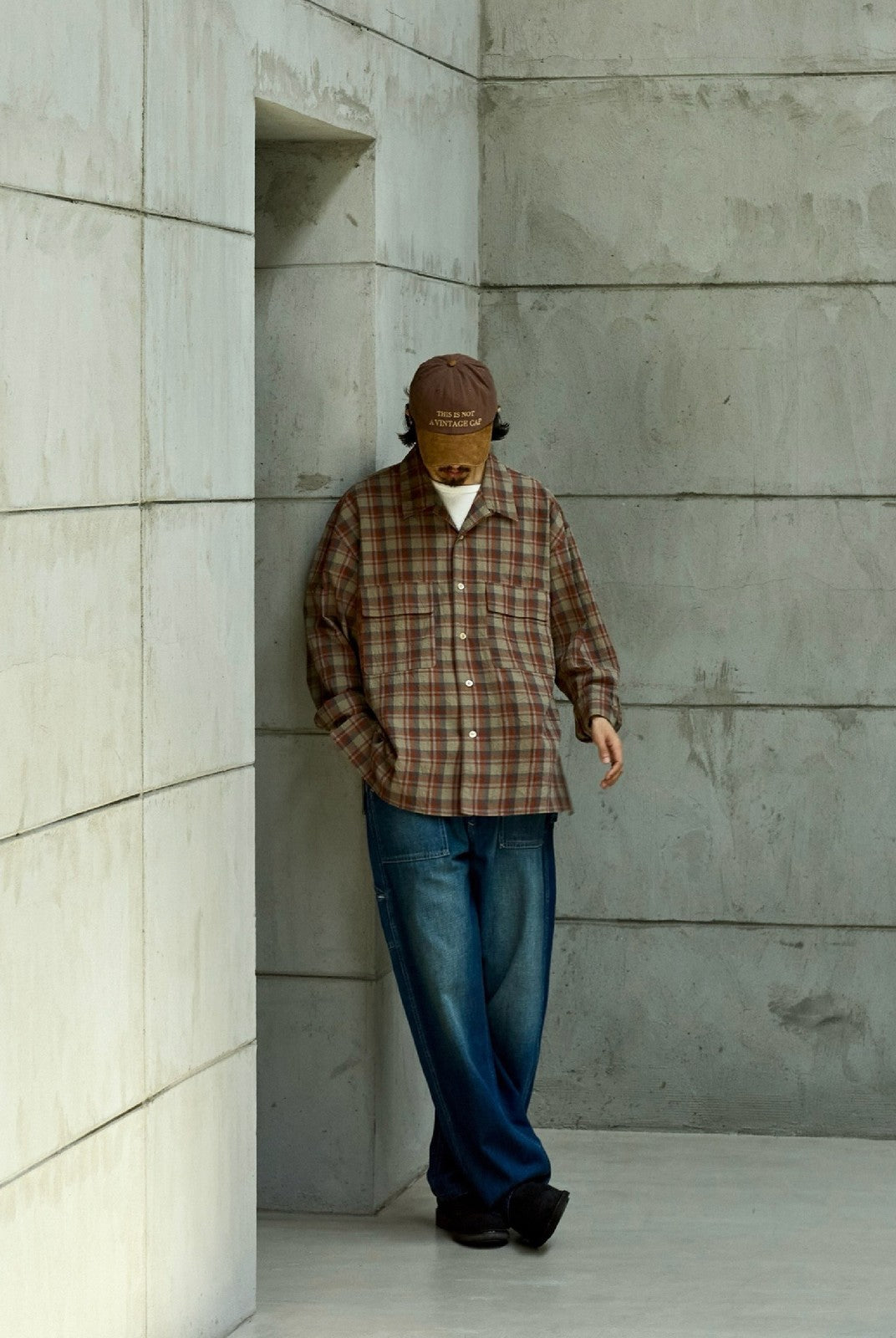 USAGE Washed Crinkle Plaid Open Collar Shirt in Orange - On Male Model