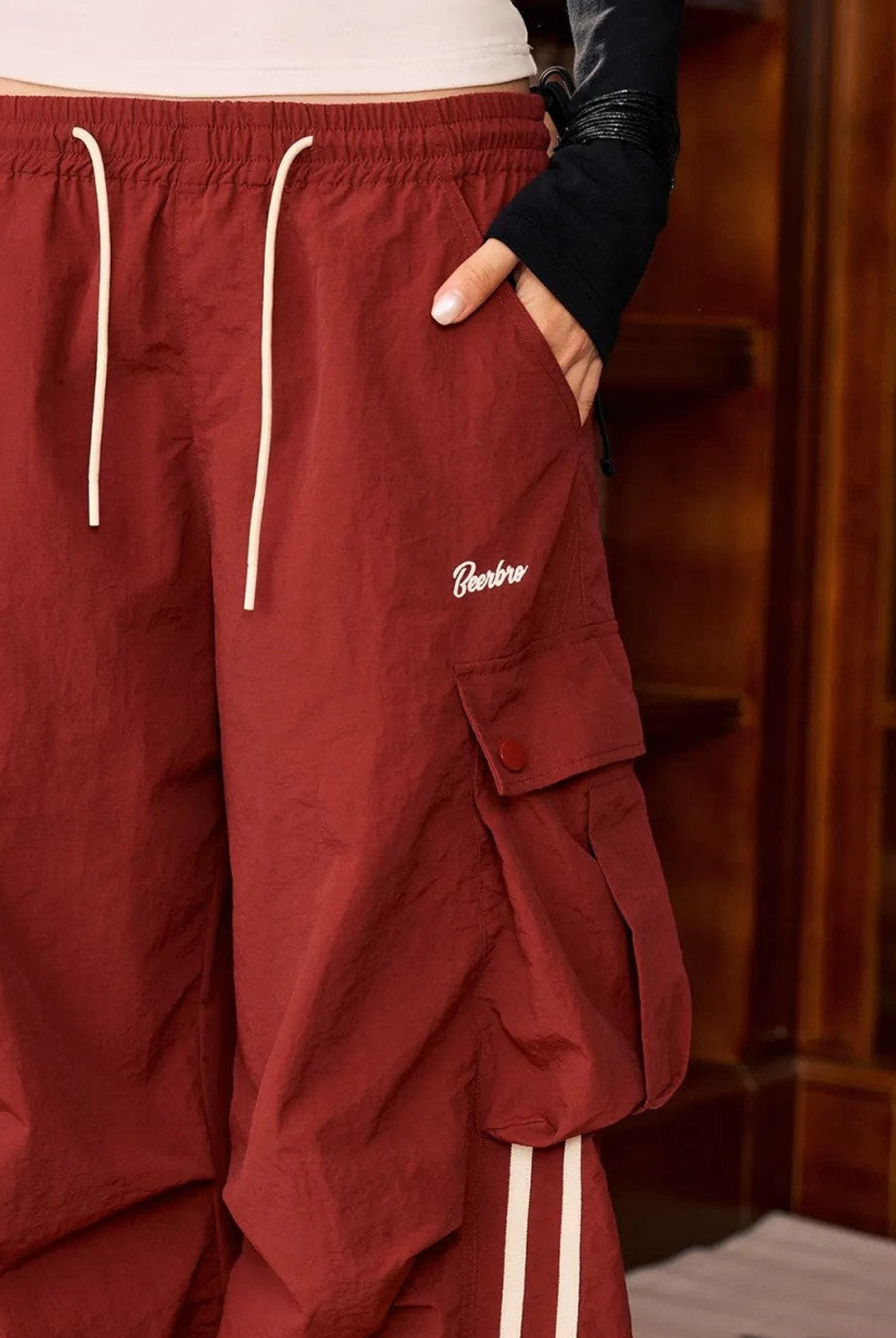 BeerBro Contrast Stripe Cargo Pants in Red - On Female Model