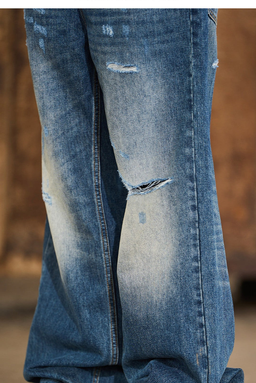 BLINDNOPLAN Distressed Dark Wash Straight Jeans in Blue - On Model