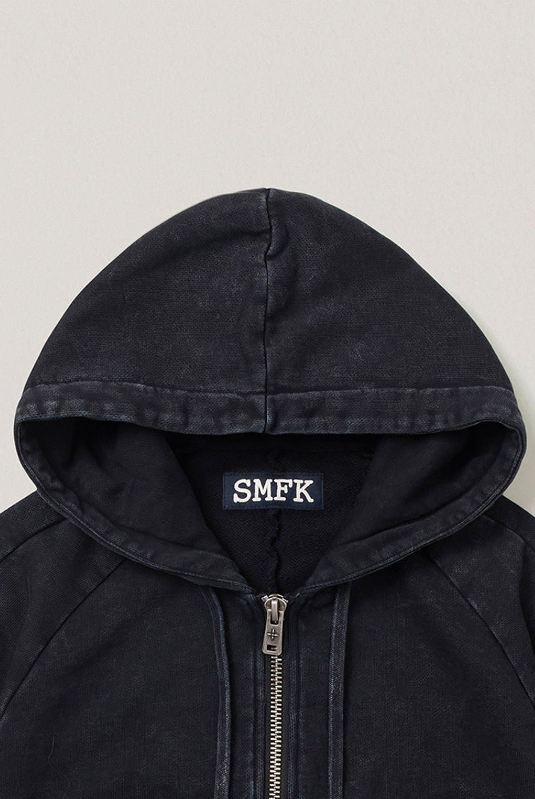 SMFK Garment Dyed Cotton Zip Up Hoodie in Black - Detail