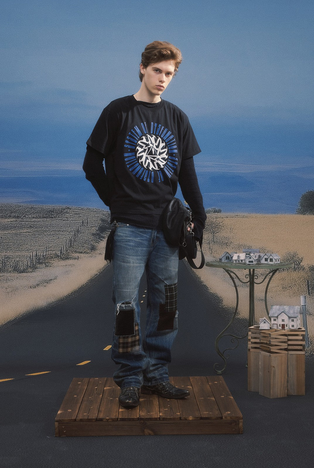 SOD Distressed Patchwork Jeans in Blue - On Male Model